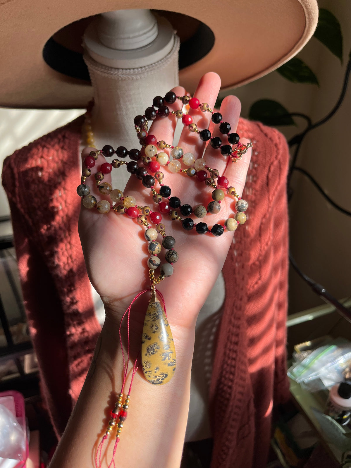 Handmade Leopard Jasper Mala Necklace | Onyx, Coral, Rutile Quartz Beads (Vintage Style)