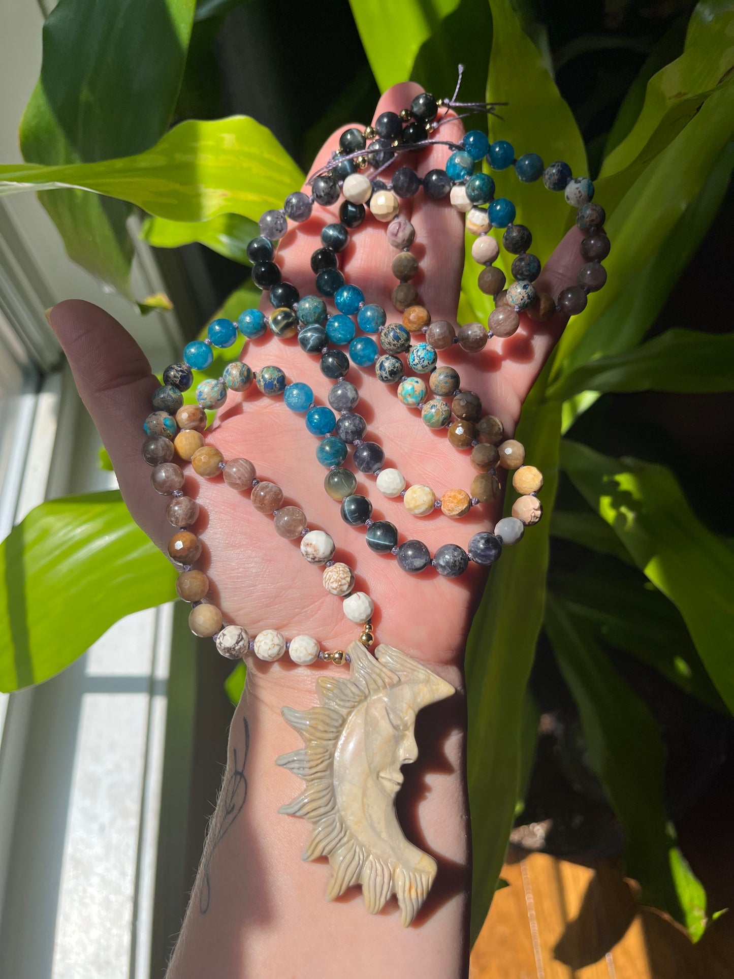 Sunkeeper Mala Necklace — Carved Jasper Sun Crescent