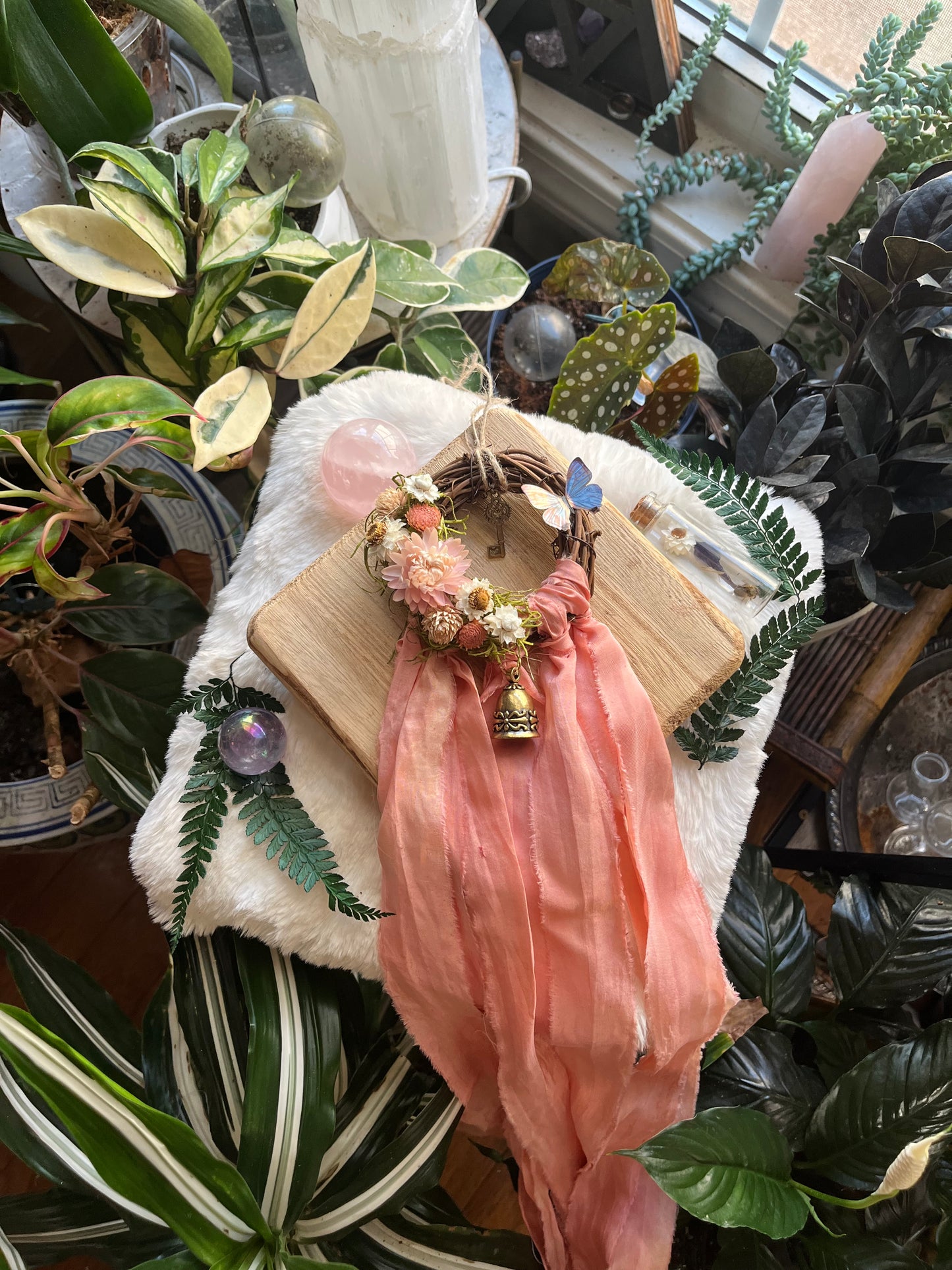 Butterfly Fairy Blessing Bells, Wreath with Dried Florals, Roses, Key Charm