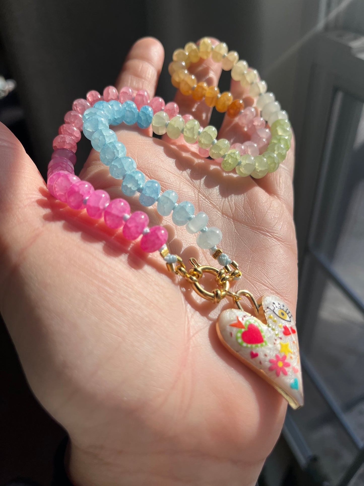 Pastel Daydream, Pastel Jade Gemstone Choker, Gold Filled Clasp, Enamel Charm