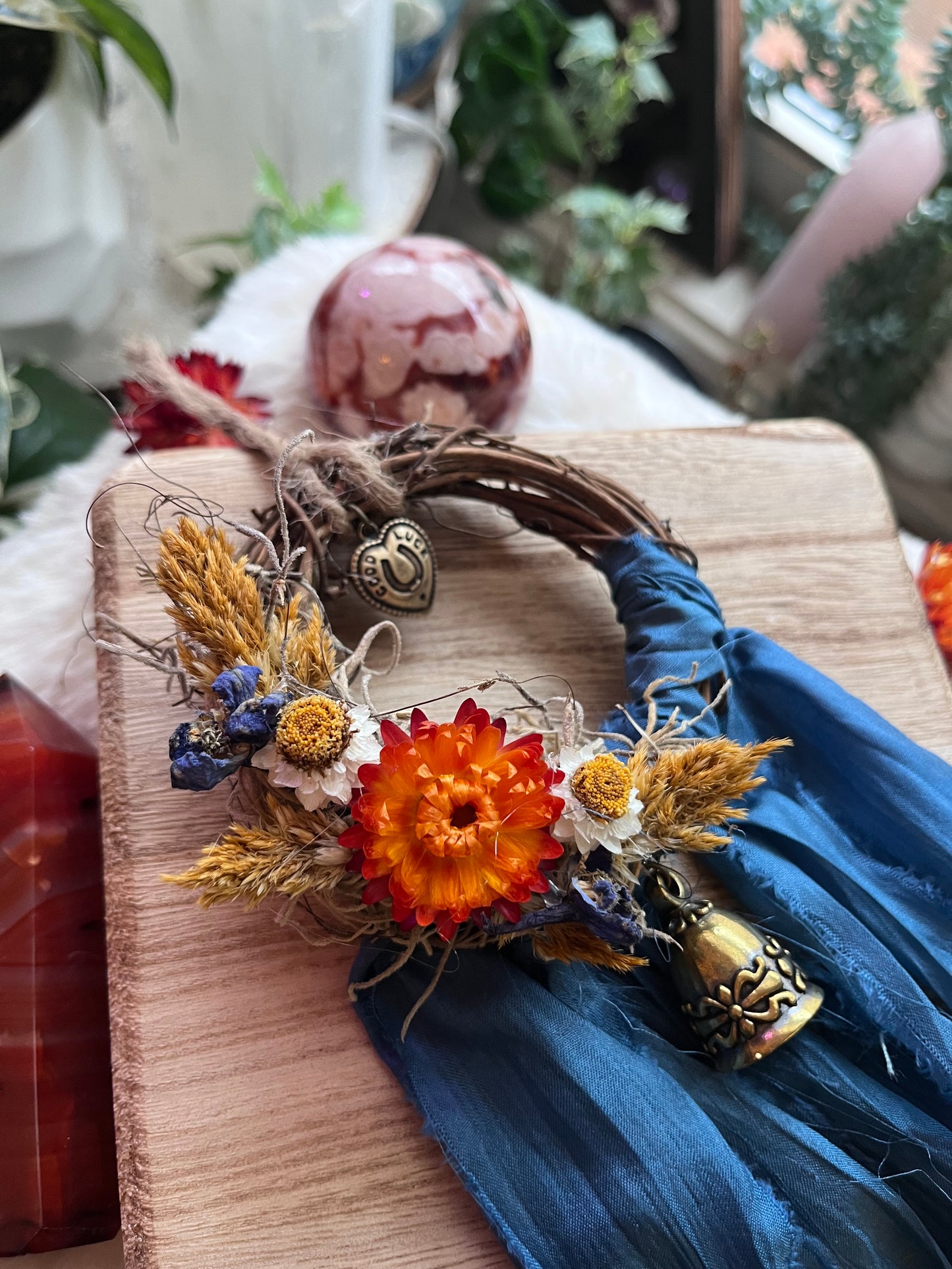 Fire Horse Protection Wreath with Witch Bells: Pagan Altar Decor