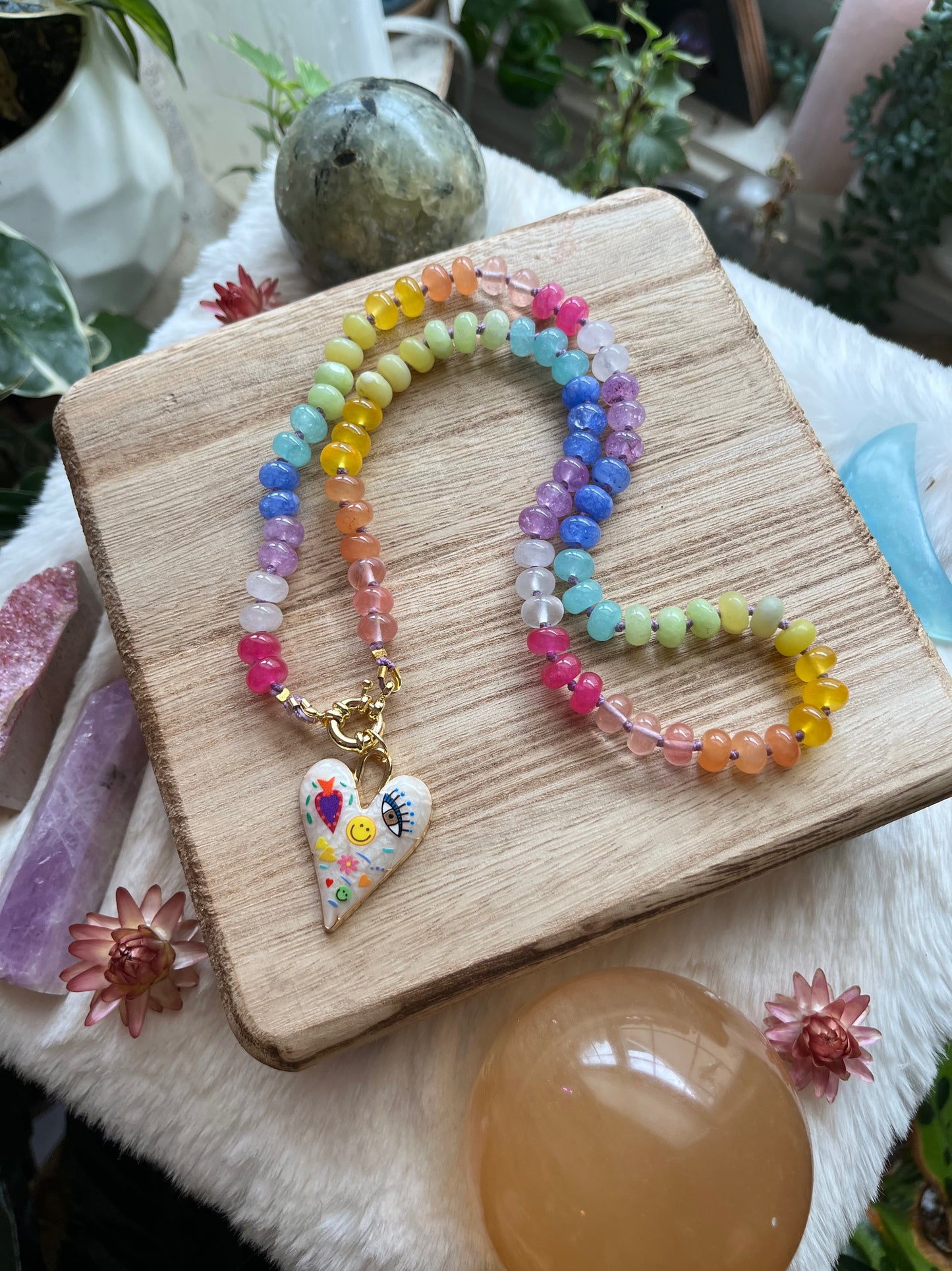 Rainbow Baby, Rainbow Jade Bead Choker, Gold Filled Clasp, Enamel Charm