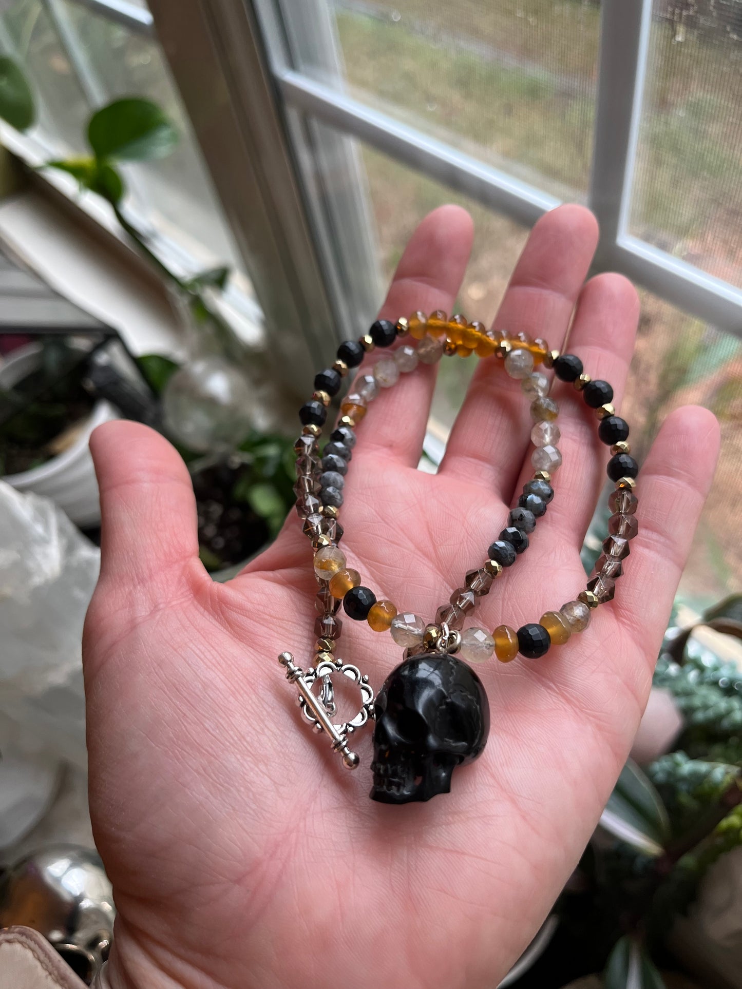 Beaded Skull Necklace – Gemstone Bead Choker with Pyrite Accents, Gothic Witchy Jewelry, Dark Boho Statement Necklace, Crystal Protection Gift for Her