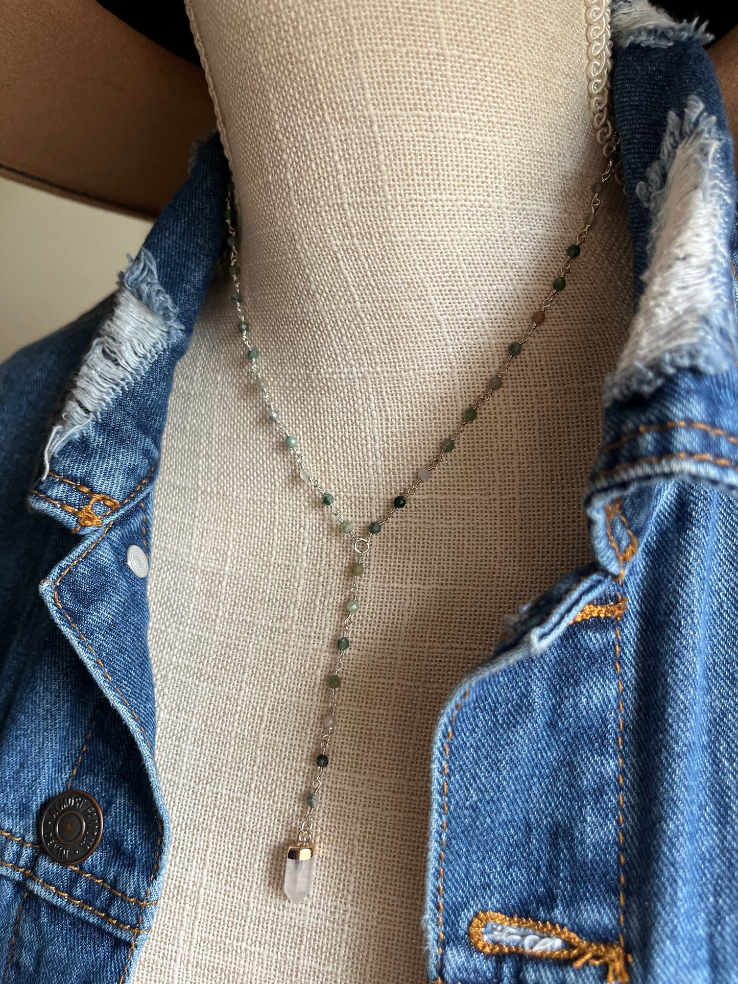 Moss Agate Lariat Necklace, Beaded Gemstone Chain, Quartz Gemstone, Grounding jewelry