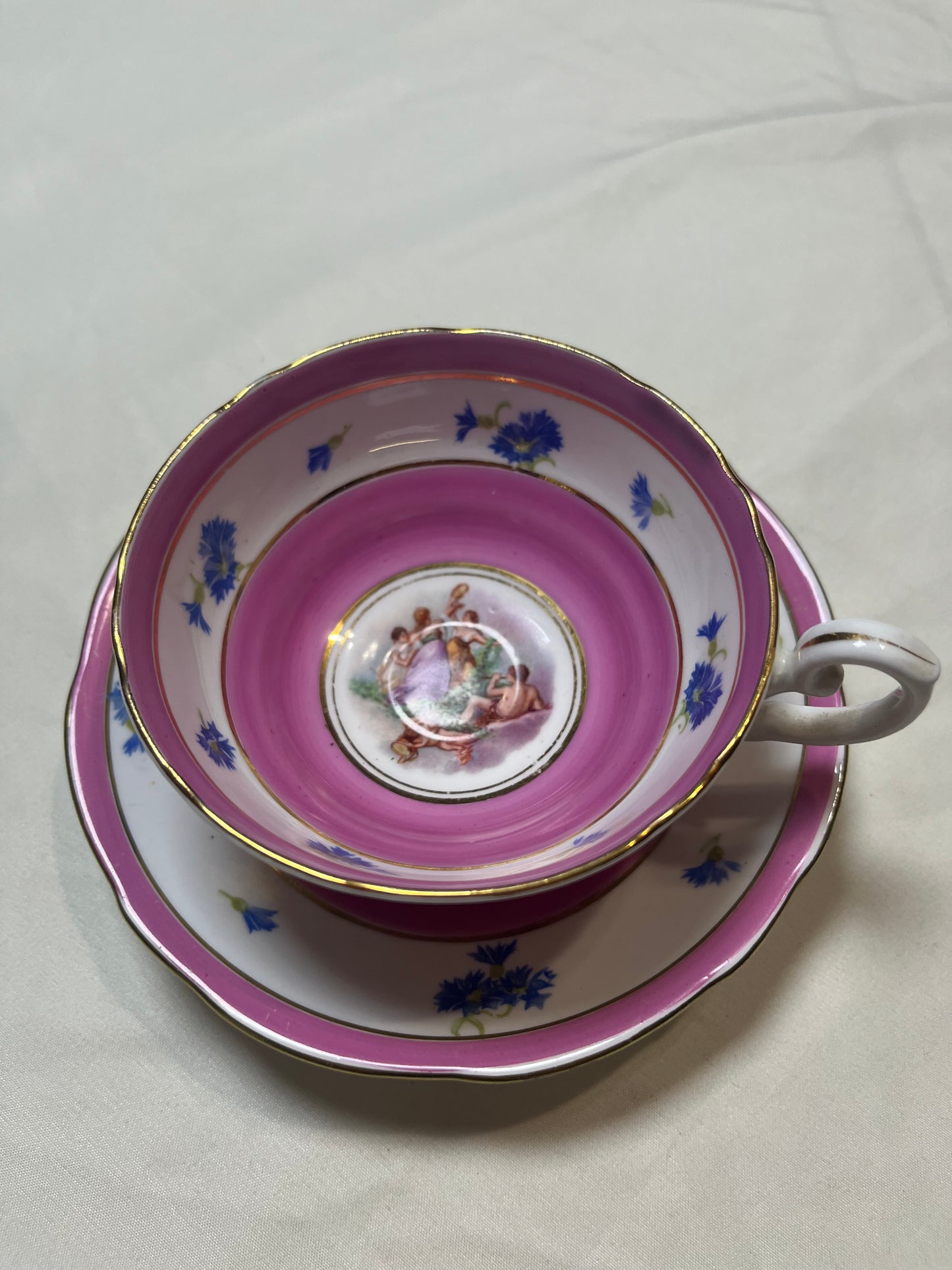 Vintage Bone China Tea Cup & Saucer Set England Pink Floral Blue 1900s ADDERLY