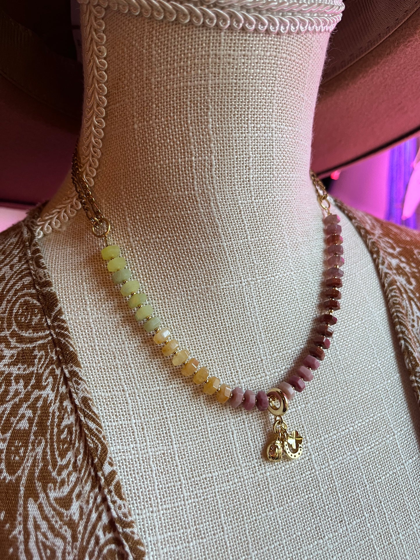 Mixed Gem lucky charm necklace, horseshoe charm, lucky jewelry, rondelle necklace, abundance, creativity, passion, good luck charm jewelry