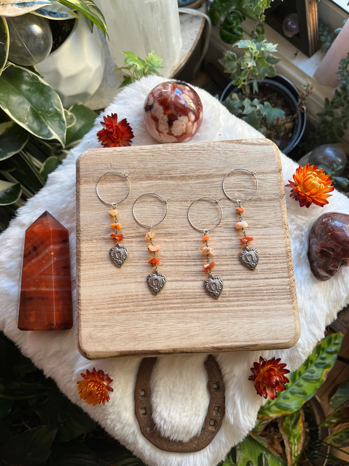 Fire Opal hoop earrings, Mexican Fire Opal, opal jewelry, lucky charm jewelry, horseshoe, horse girl, good luck charms, fire opal earrings