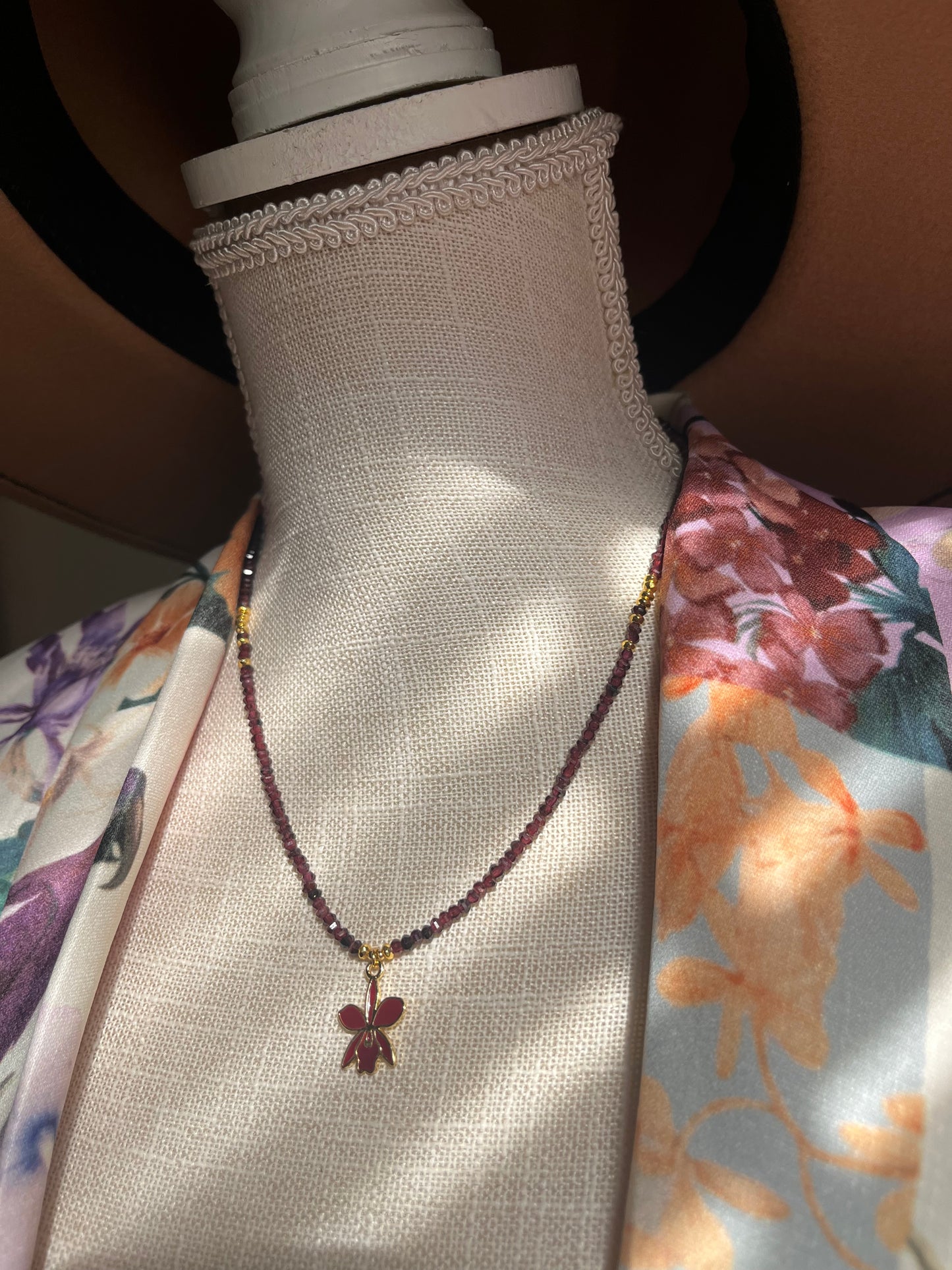 Garnet Orchid Necklace in Deep Red and Gold