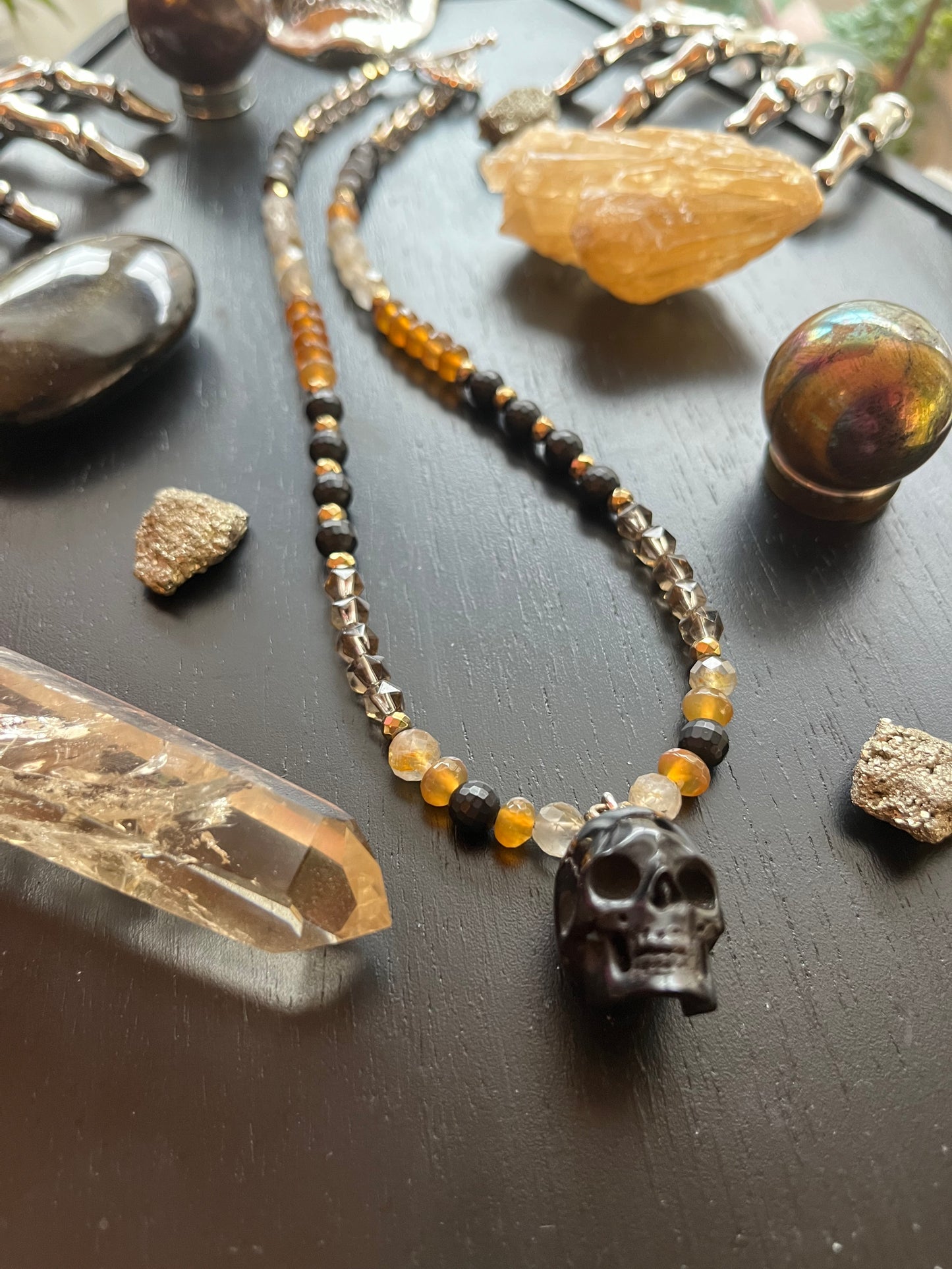 Beaded Skull Necklace – Gemstone Bead Choker with Pyrite Accents, Gothic Witchy Jewelry, Dark Boho Statement Necklace, Crystal Protection Gift for Her