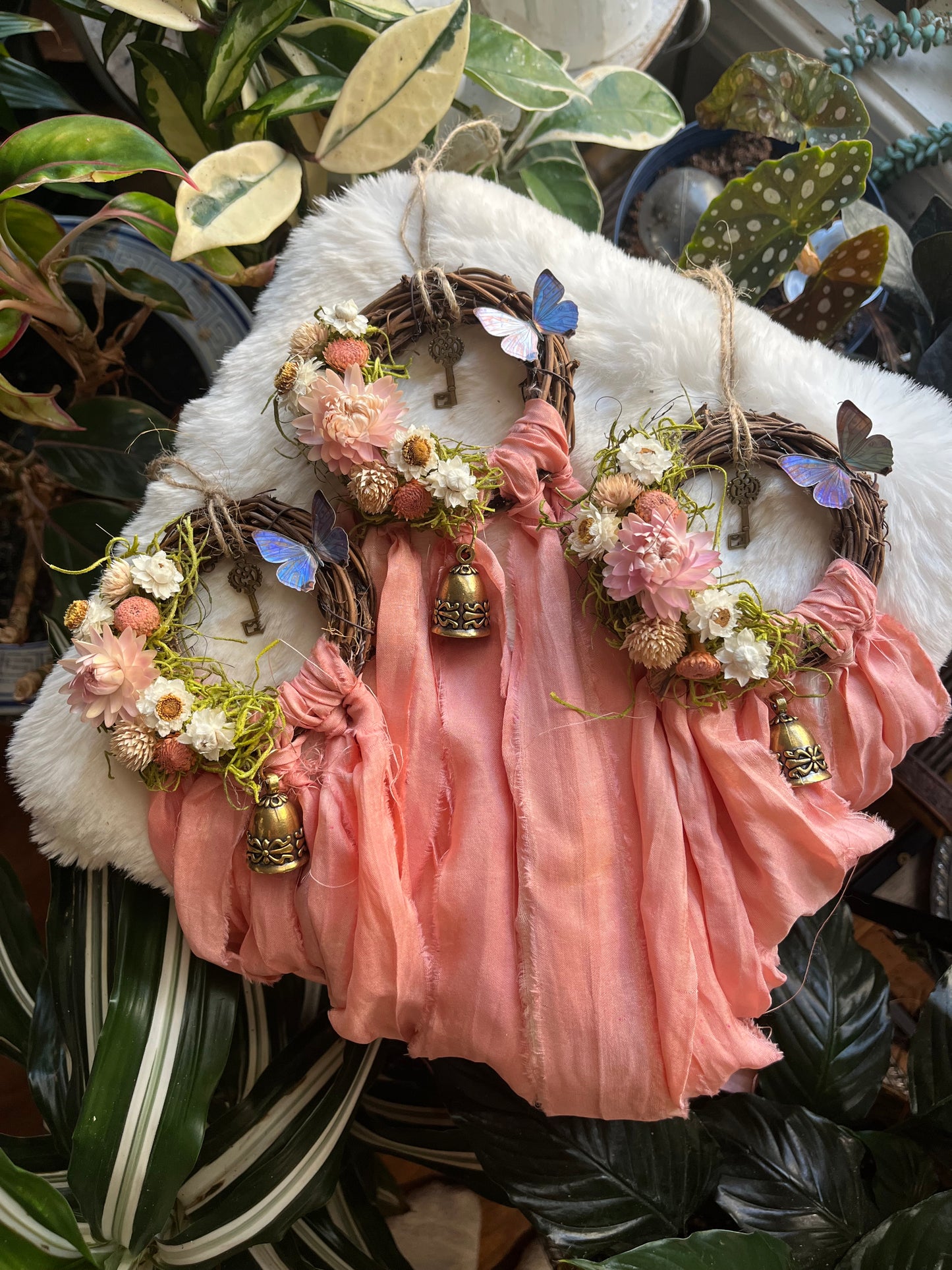 Butterfly Fairy Blessing Bells, Wreath with Dried Florals, Roses, Key Charm