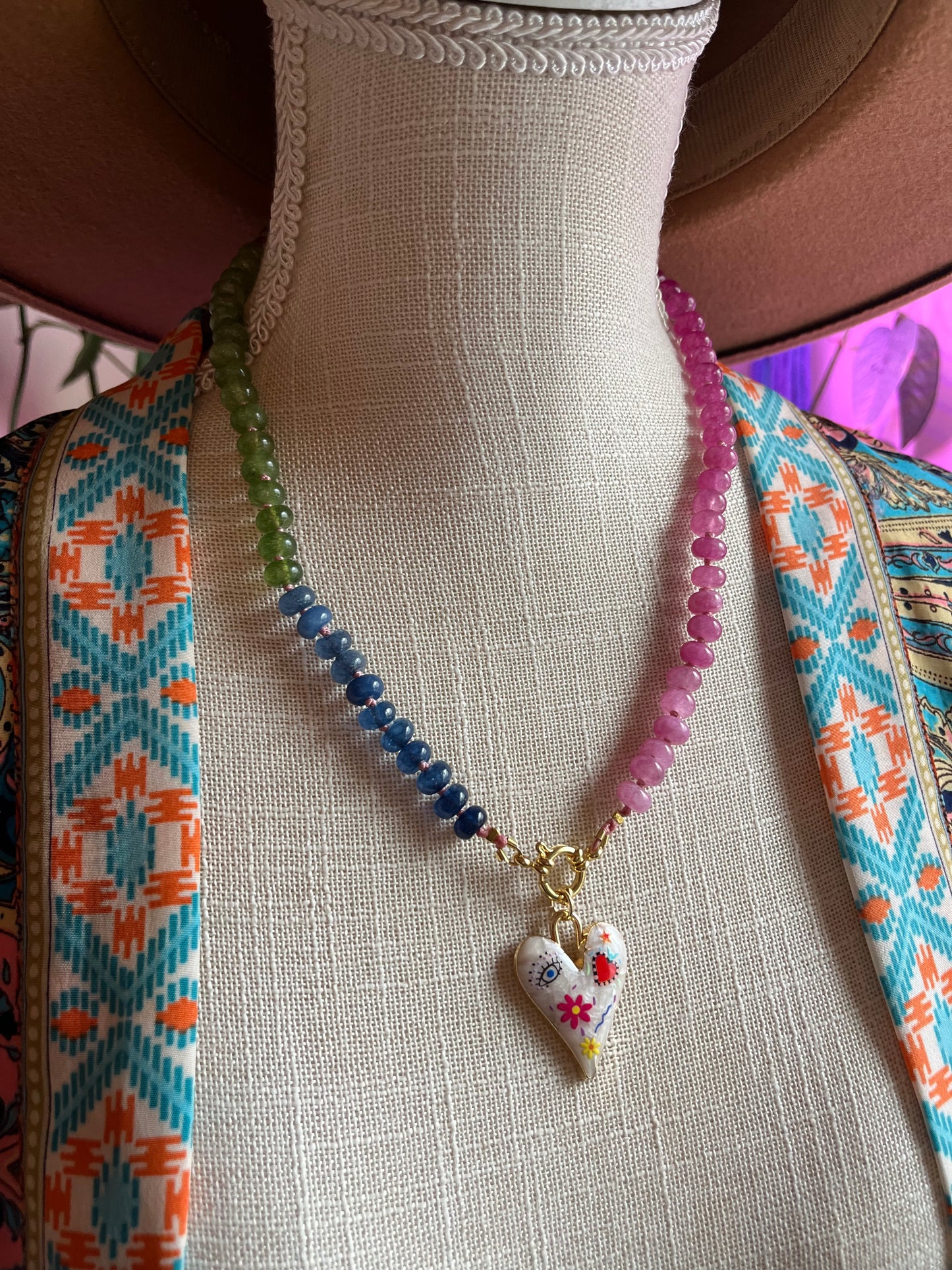 Gem Goddess, Rainbow Jade Gemstone Choker, Gold Filled Clasp, Enamel Charm