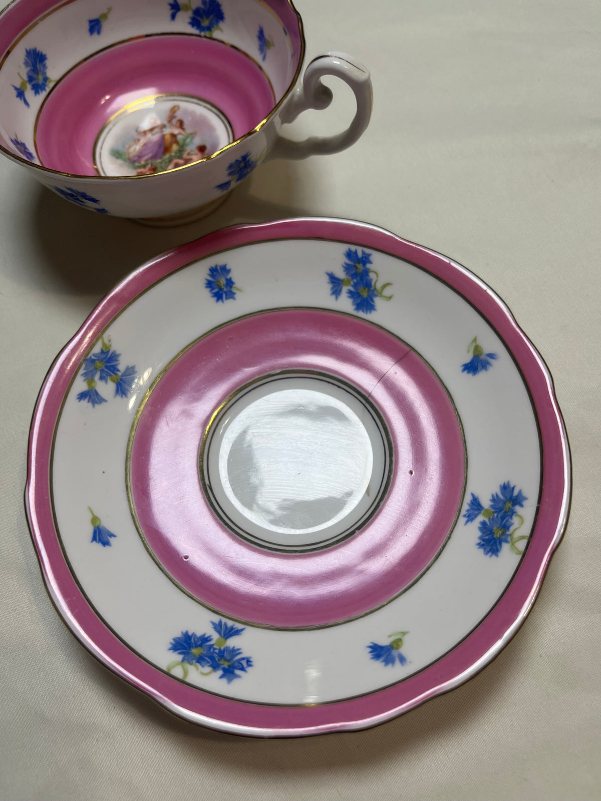 Vintage Bone China Tea Cup & Saucer Set England Pink Floral Blue 1900s ADDERLY