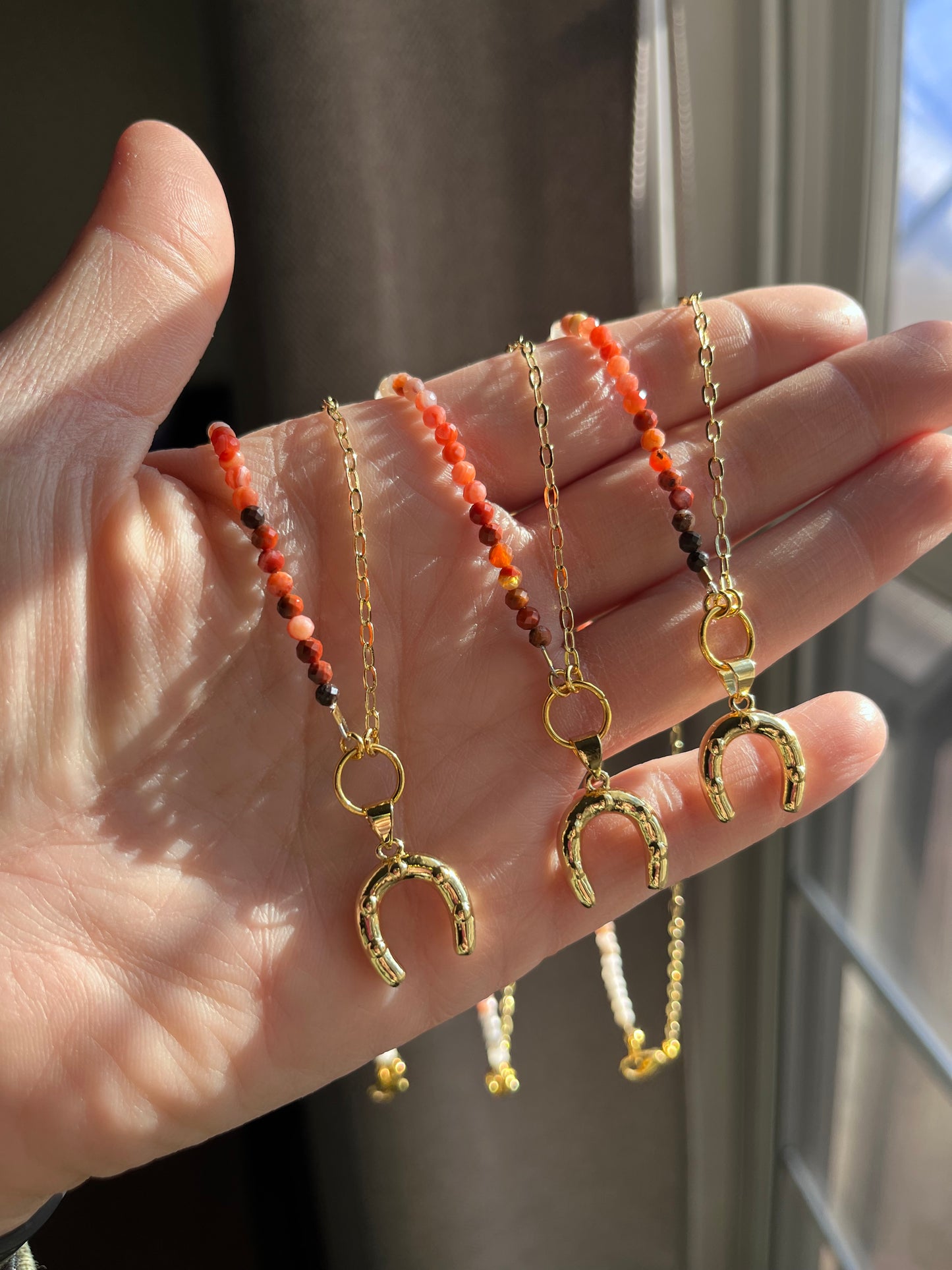 Moroccan Red Agate necklace, horseshoe charm, lucky jewelry, agate necklace, abundance, creativity, passion, good luck charm jewelry