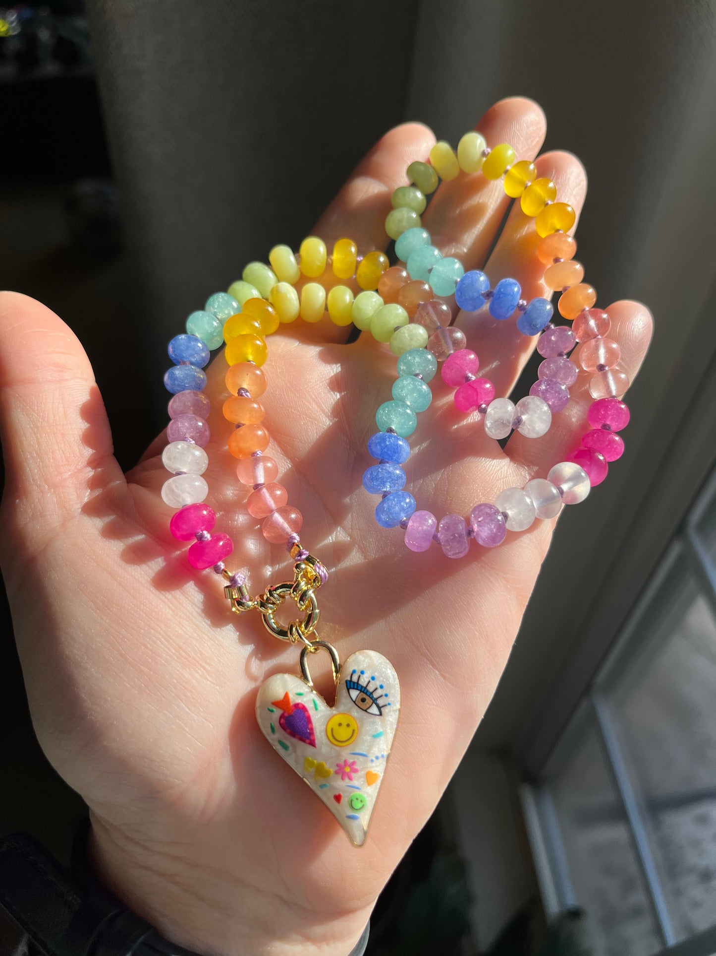 Rainbow Baby, Rainbow Jade Bead Choker, Gold Filled Clasp, Enamel Charm
