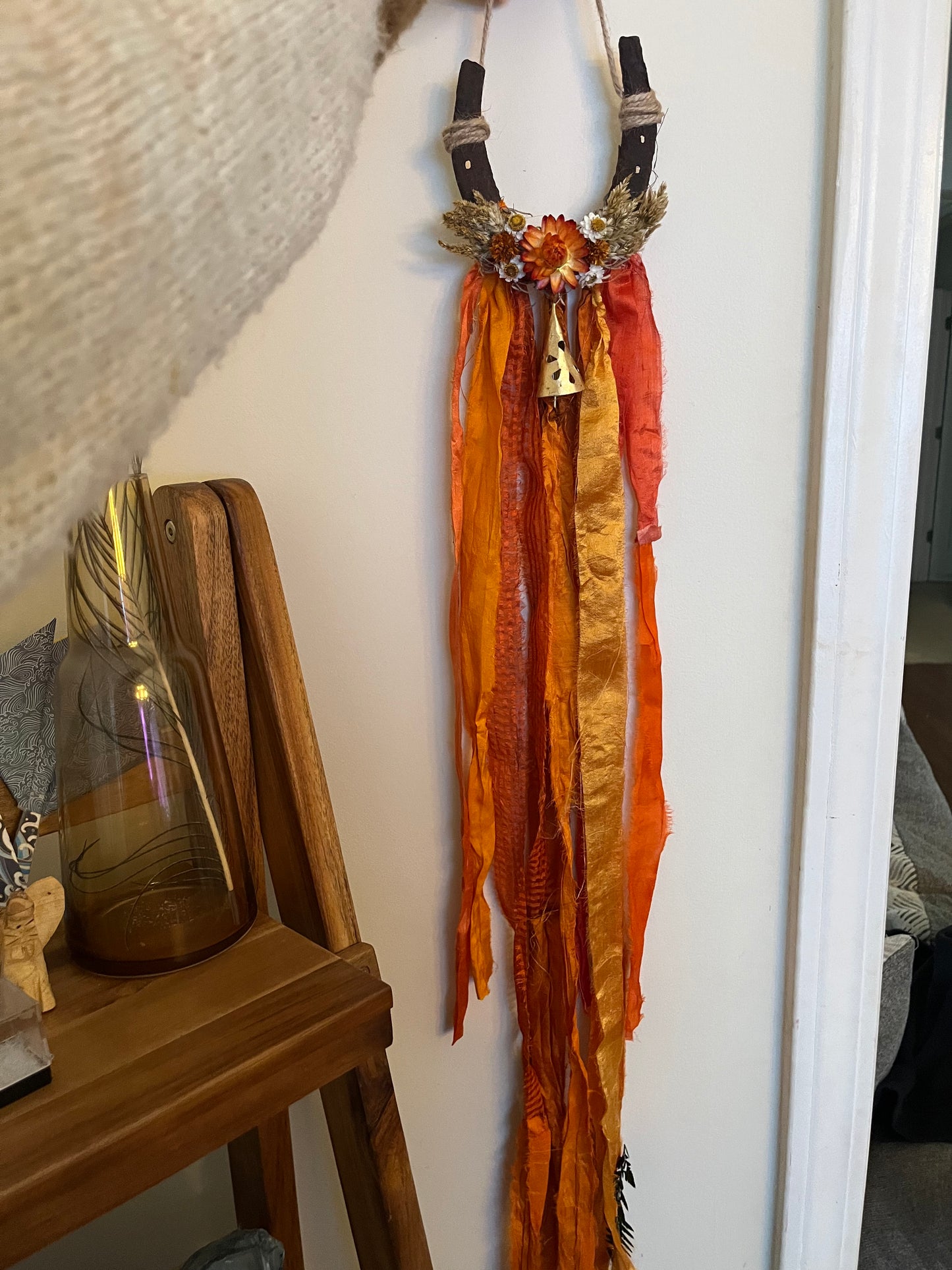 Fire Horse Lucky Horseshoe with flowers: Pagan Altar Decor