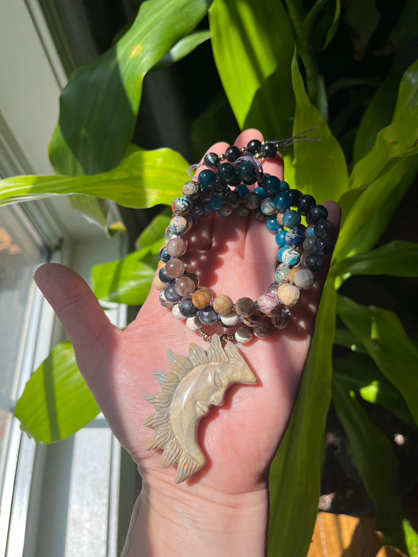 Sunkeeper Mala Necklace — Carved Jasper Sun Crescent