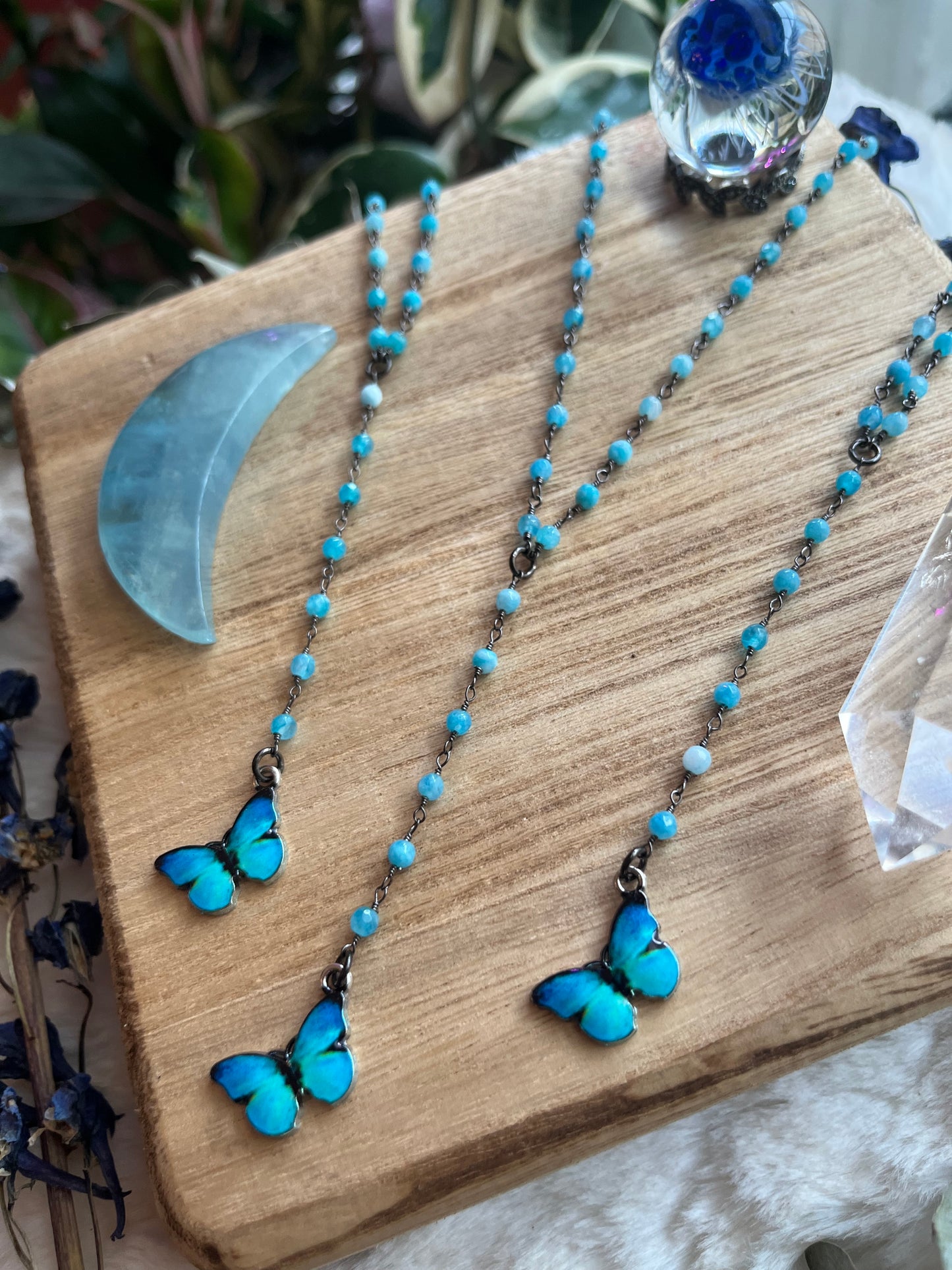 Blue Morpho Butterfly Lariat Necklace, Beaded Gunmetal Chain, Monalisa Gemstone