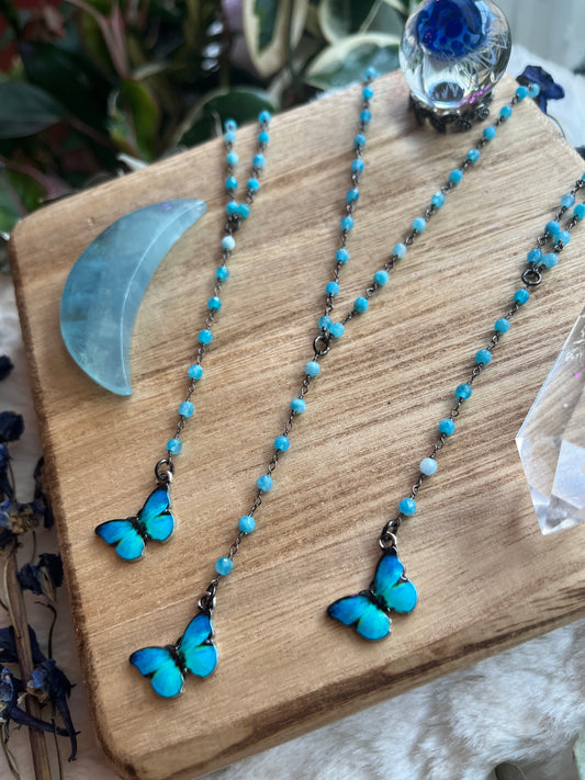 Blue Morpho Butterfly Lariat Necklace, Beaded Gunmetal Chain, Monalisa Gemstone