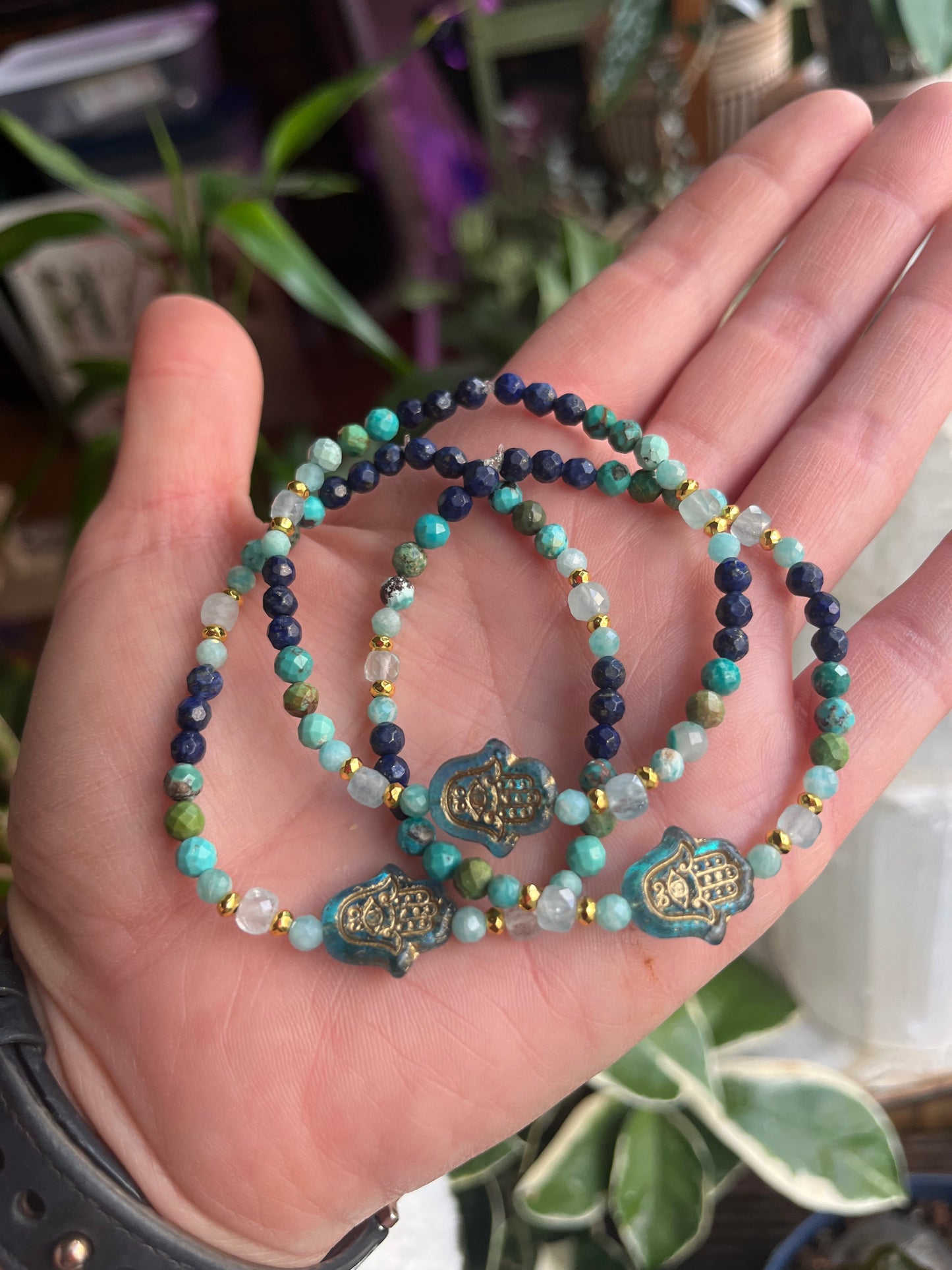 Hamsa Bracelet · Lapis Lazuli Turquoise Amazonite · Boho Spiritual Beaded Bracelet · Czech Glass Hamsa · Handmade Protection Jewelry