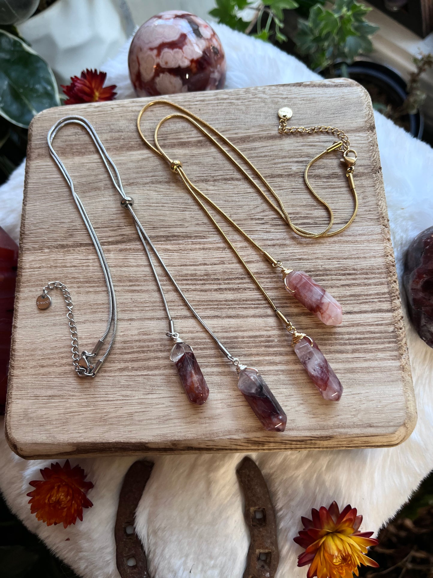 Fire Quartz Point Slider Necklace: Adjustable Minimalist Jewelry