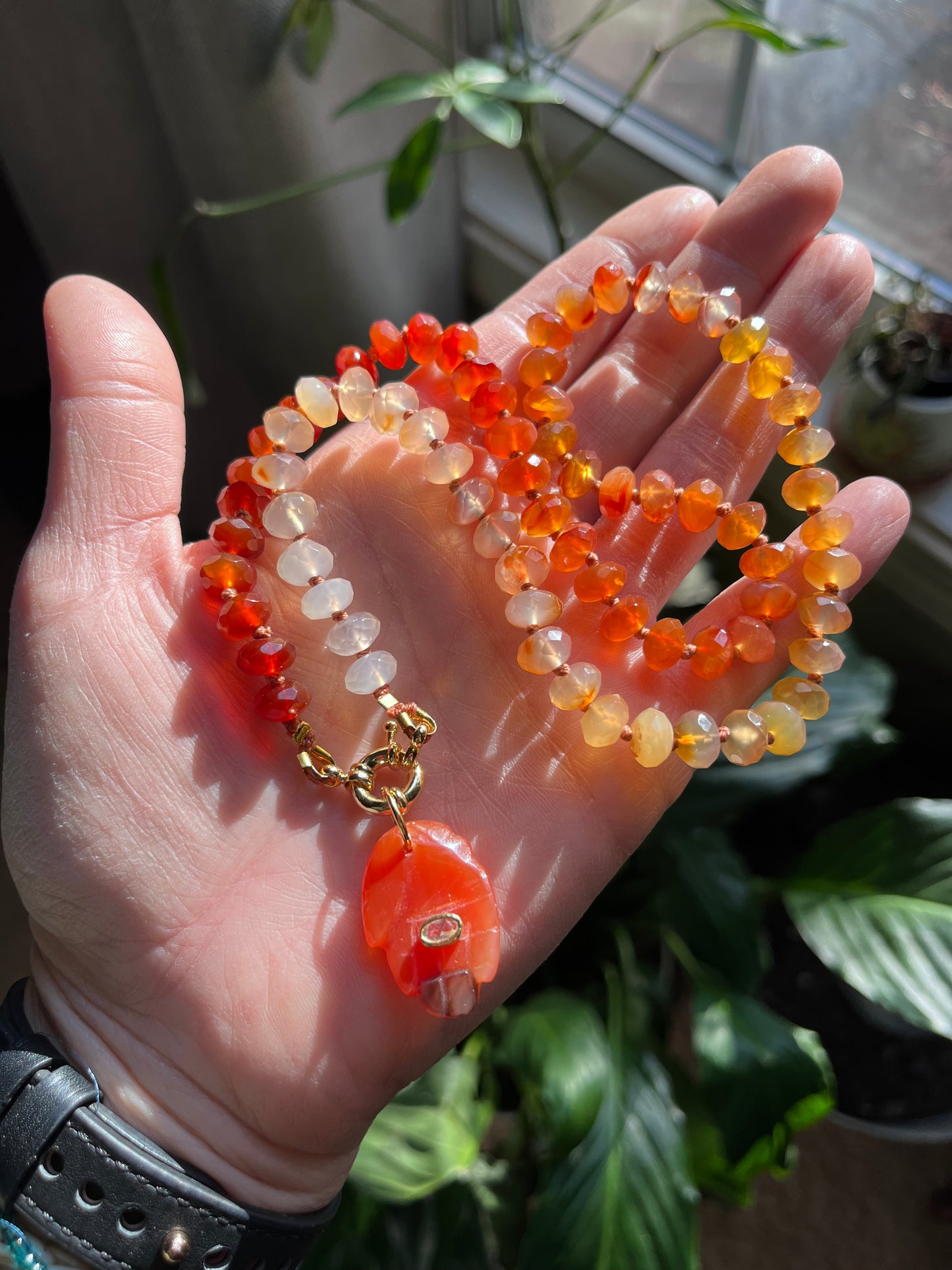 Hamsa necklace, “Fire Within” gem candy necklace, carnelian necklace, carnelian jewelry, knotted rondelle necklace, luxe gem necklace