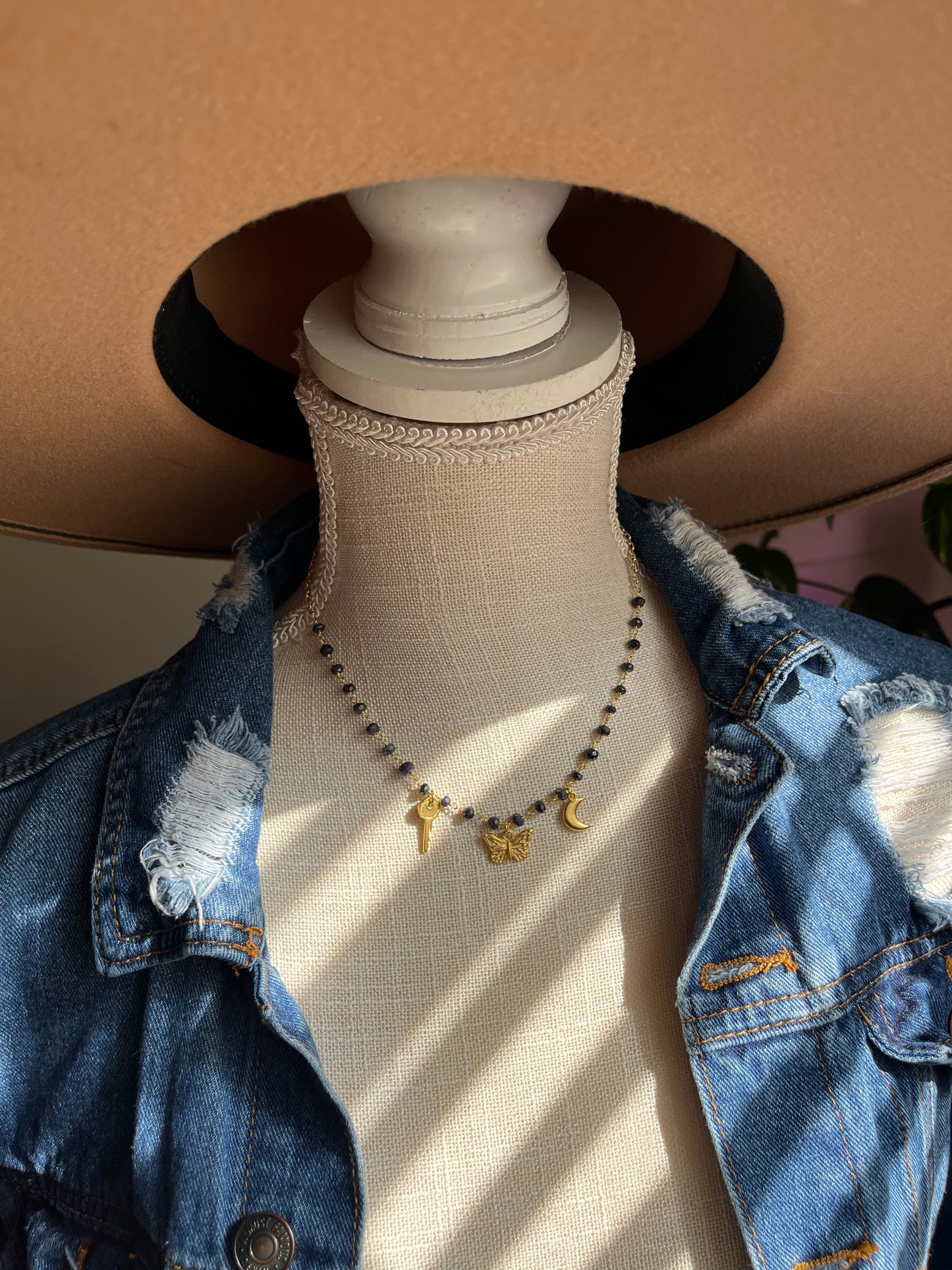 Sapphire & Gold Charm Necklace — Key, Moon & Butterfly