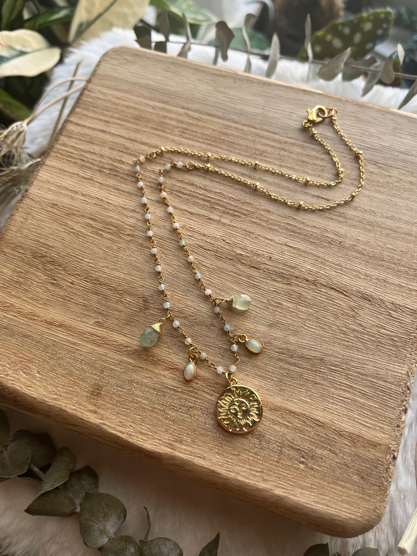 Opal & Aquamarine Sun Charm Necklace in Gold Fill