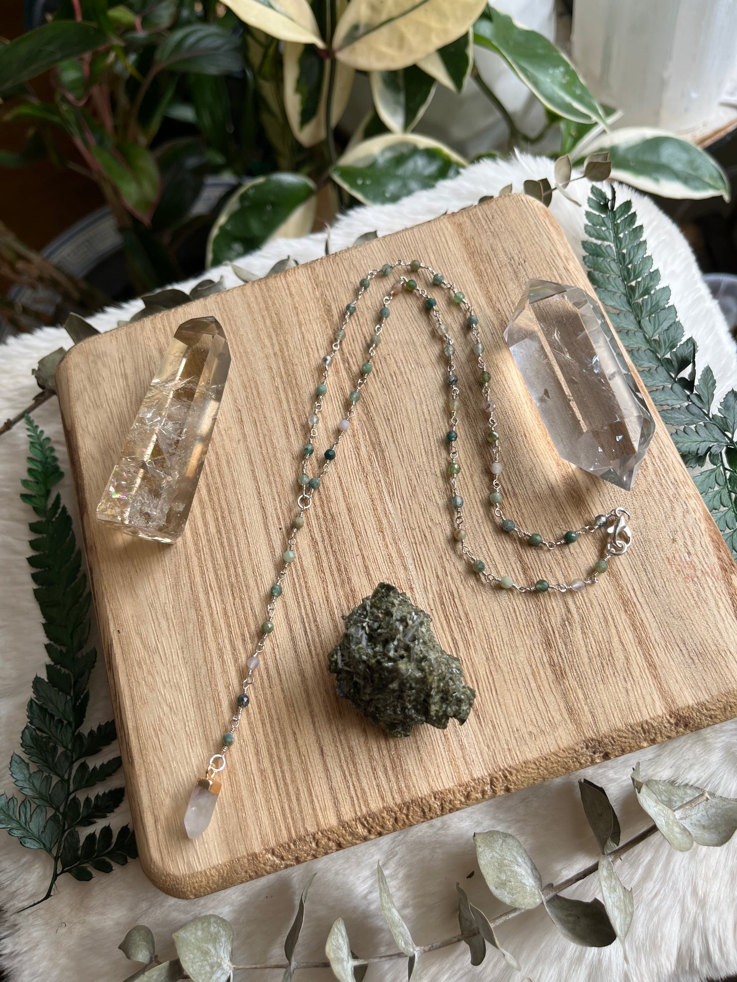 Moss Agate Lariat Necklace, Beaded Gemstone Chain, Quartz Gemstone, Grounding jewelry
