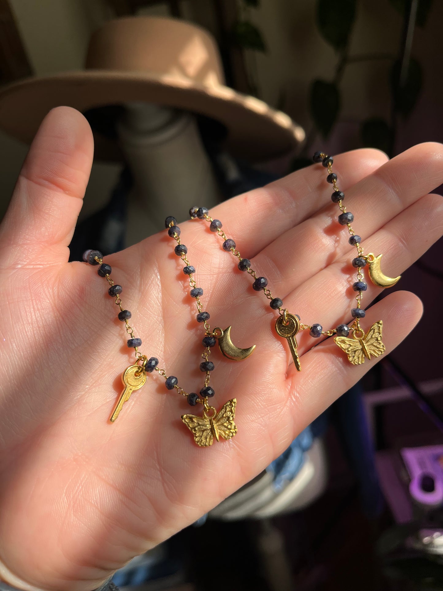 Sapphire & Gold Charm Necklace — Key, Moon & Butterfly