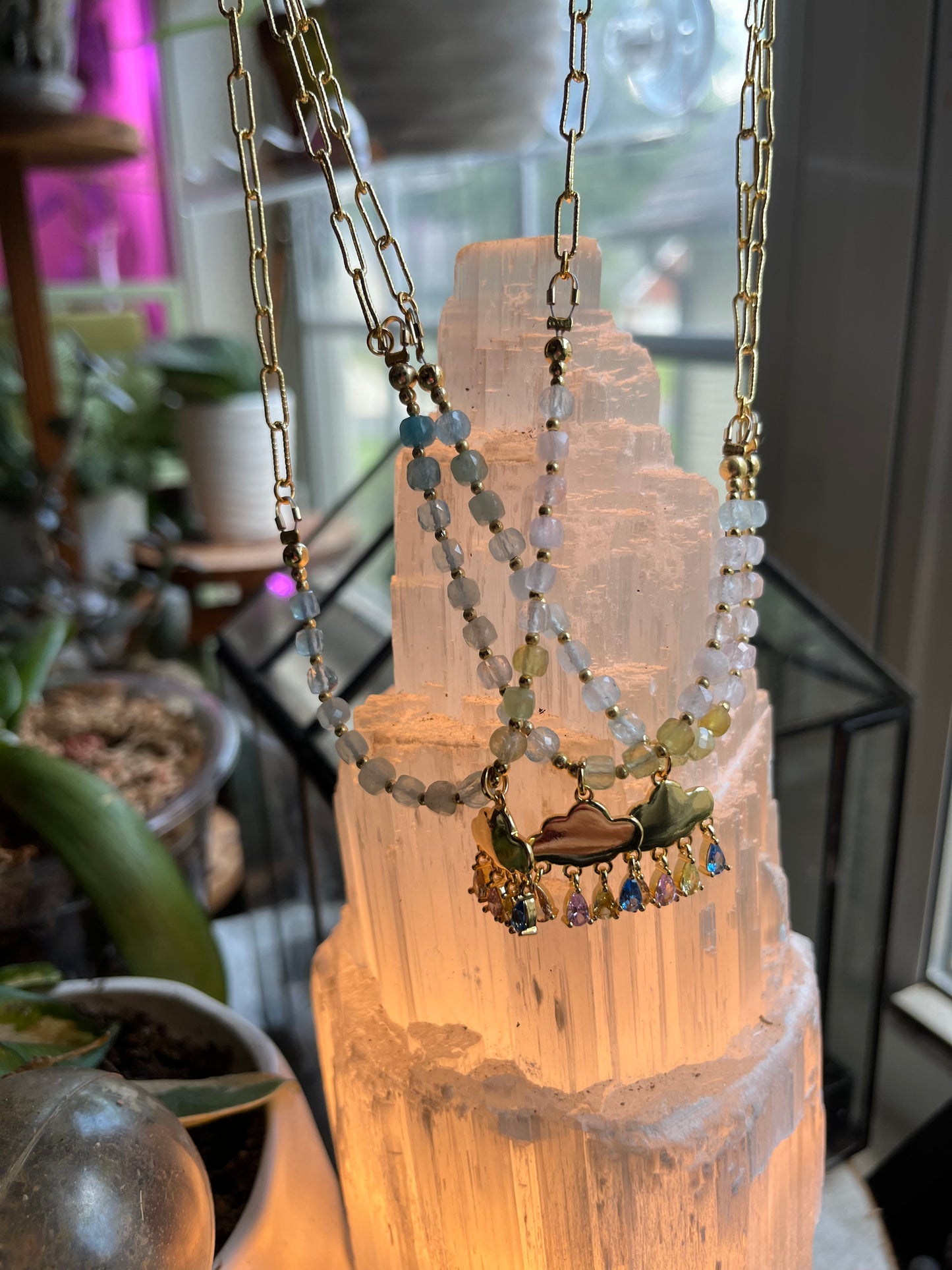 Rainbow Morganite Rain Charm Necklace in Gold Fill