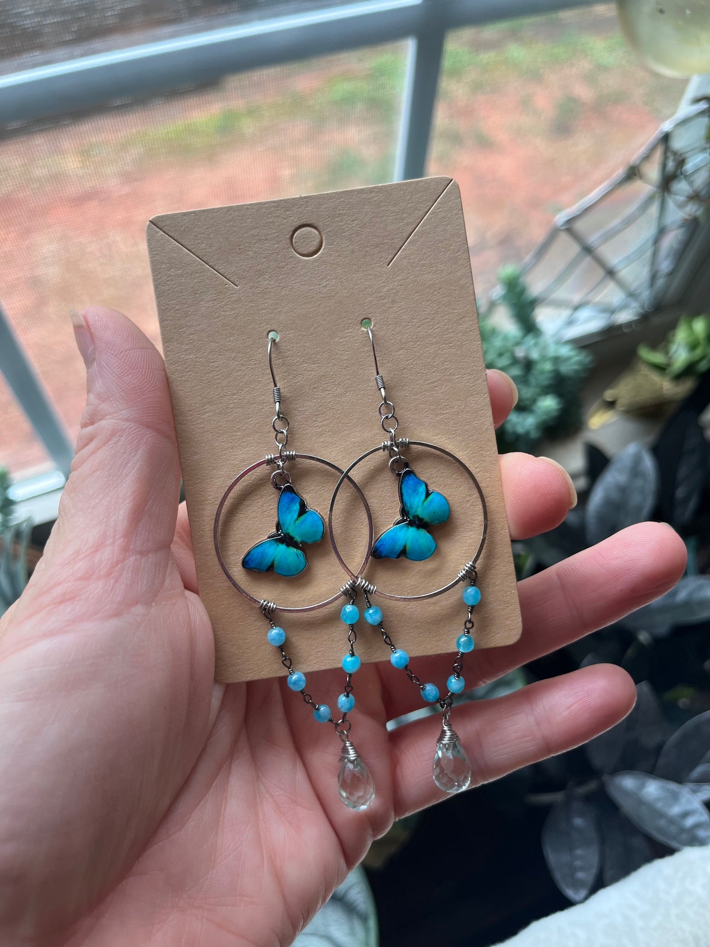 Blue Morpho hoop earrings with Monalisa stone and Blue Quartz teardrops