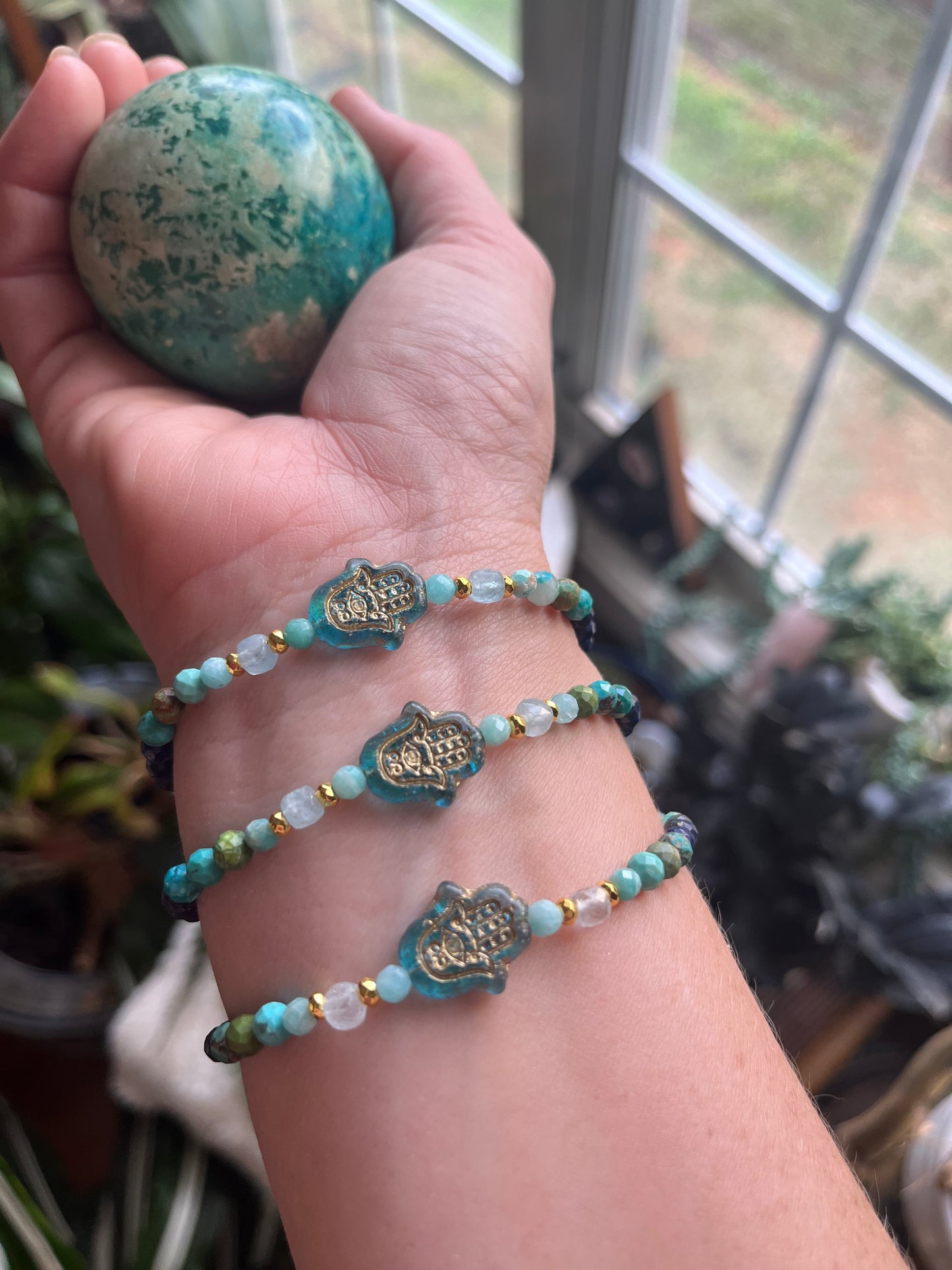 Hamsa Bracelet · Lapis Lazuli Turquoise Amazonite · Boho Spiritual Beaded Bracelet · Czech Glass Hamsa · Handmade Protection Jewelry