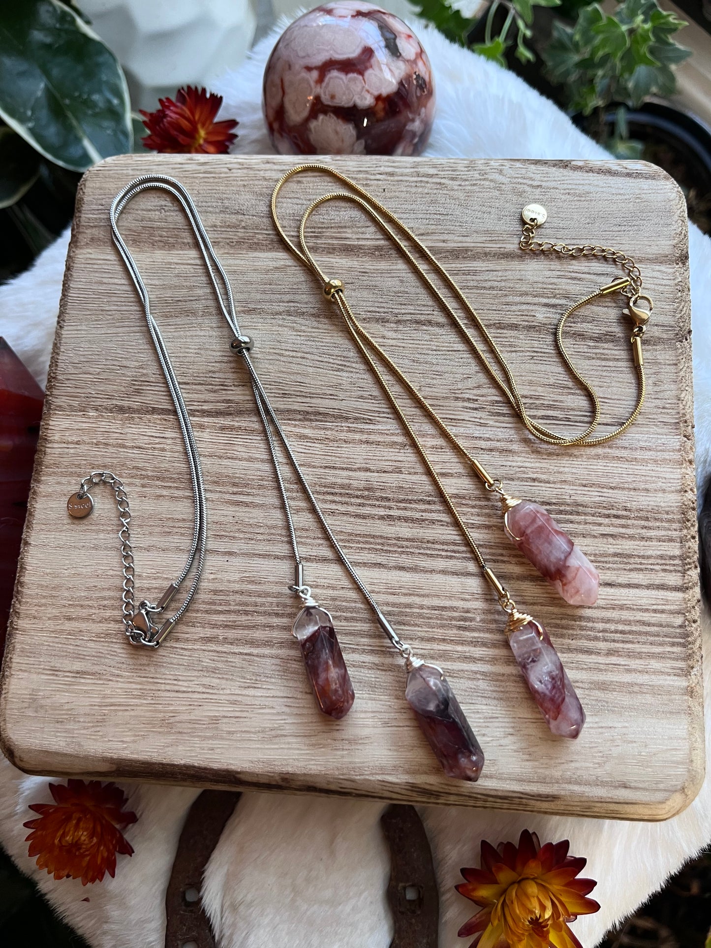 Fire Quartz Point Slider Necklace: Adjustable Minimalist Jewelry