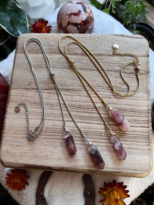 Fire Quartz Point Slider Necklace: Adjustable Minimalist Jewelry