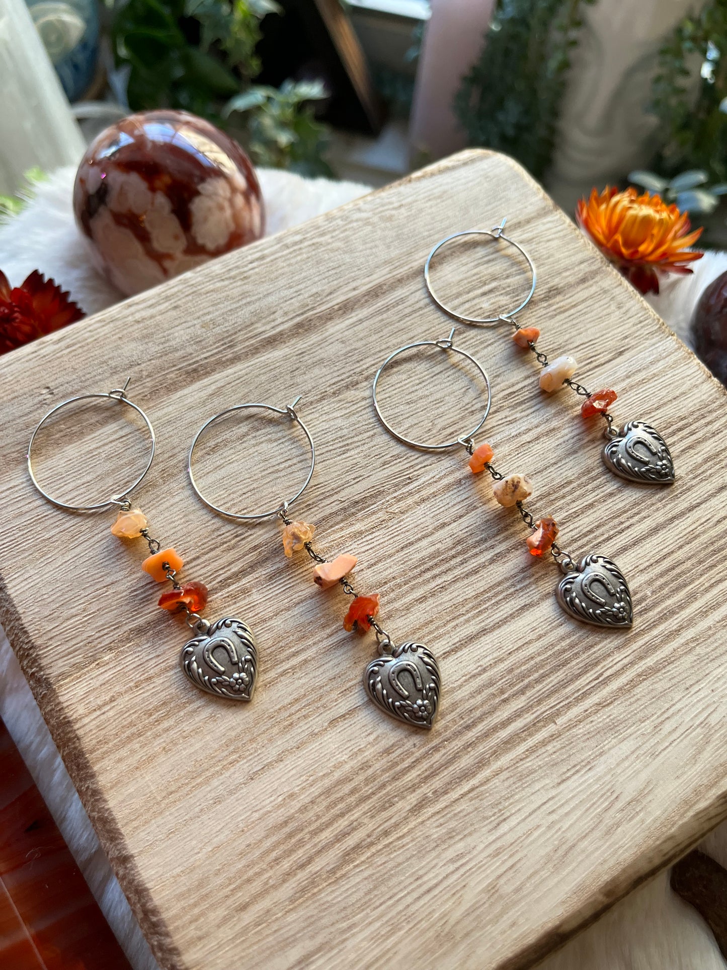 Fire Opal hoop earrings, Mexican Fire Opal, opal jewelry, lucky charm jewelry, horseshoe, horse girl, good luck charms, fire opal earrings