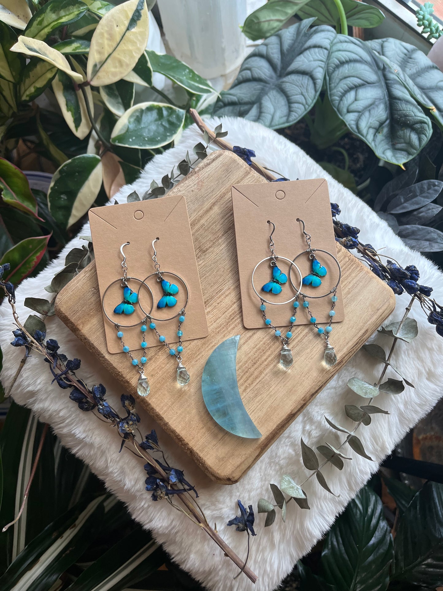 Blue Morpho hoop earrings with Monalisa stone and Blue Quartz teardrops