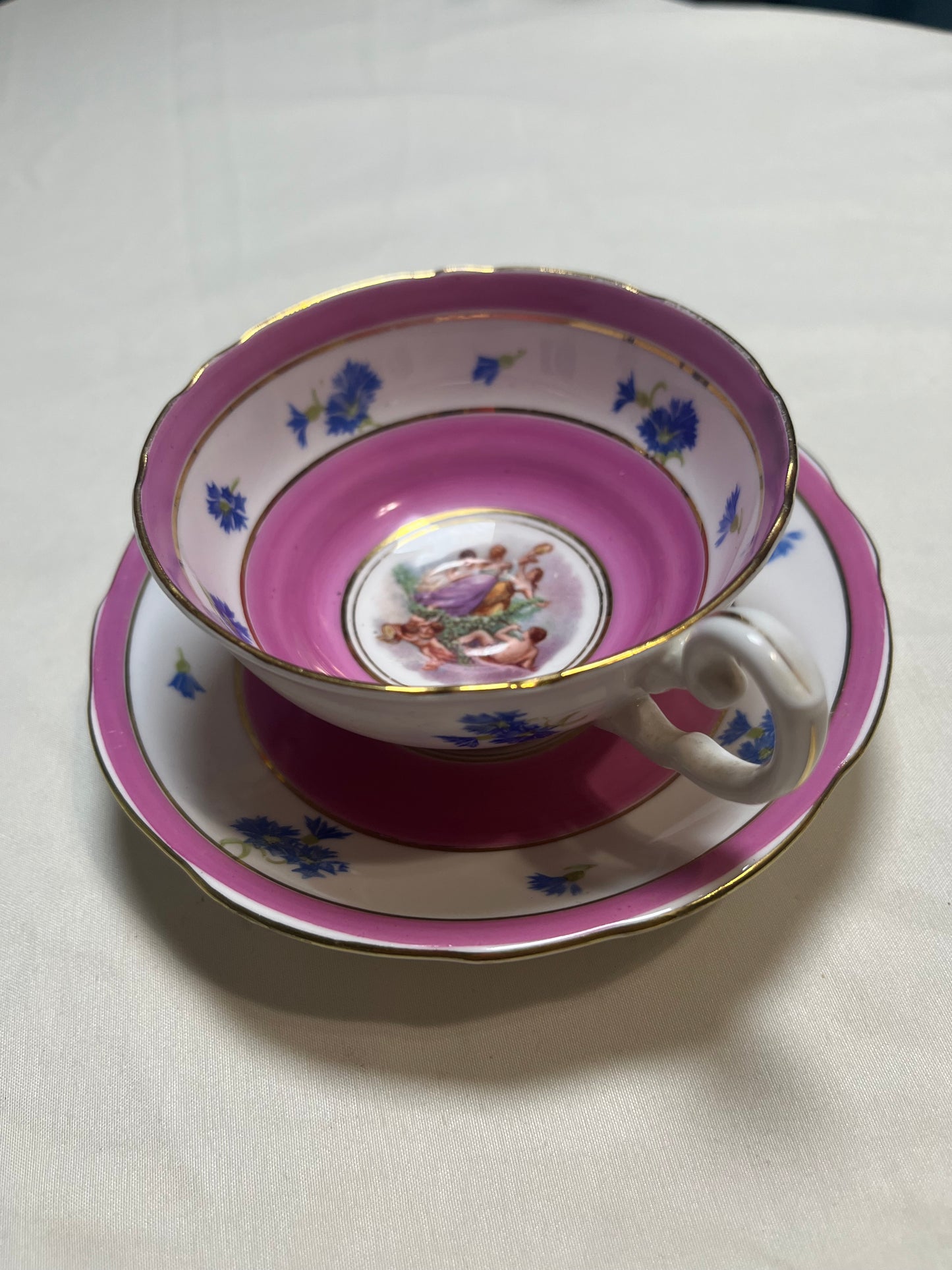 Vintage Bone China Tea Cup & Saucer Set England Pink Floral Blue 1900s ADDERLY