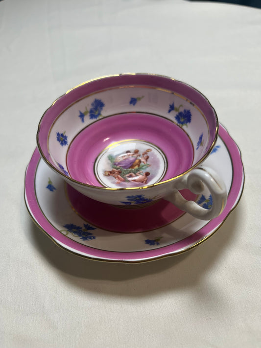 Vintage Bone China Tea Cup & Saucer Set England Pink Floral Blue 1900s ADDERLY