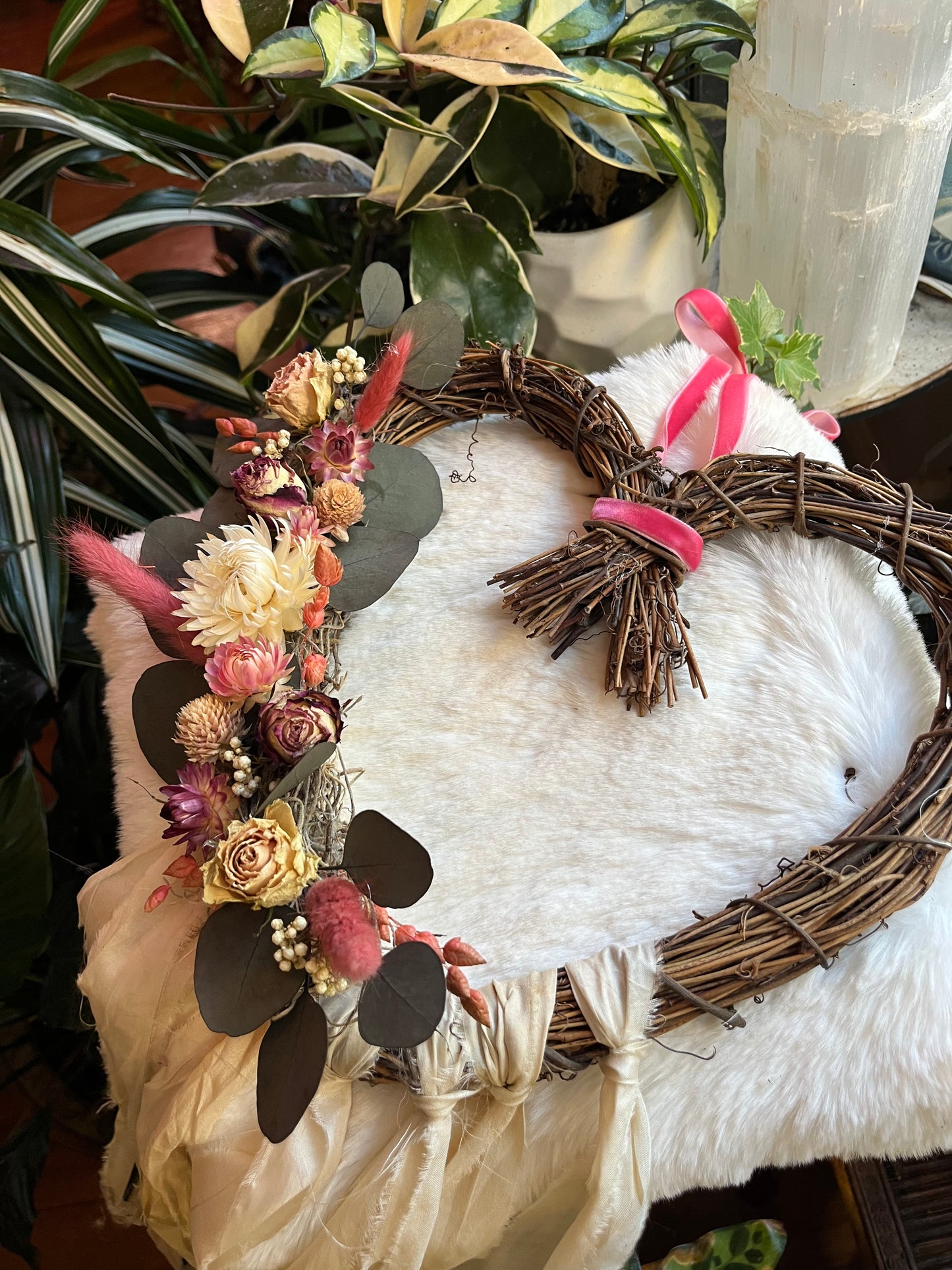 Love Witch Wreath: Aphrodite Altar Wreath with Strawflower, Roses, Eucalyptus and sari ribbon