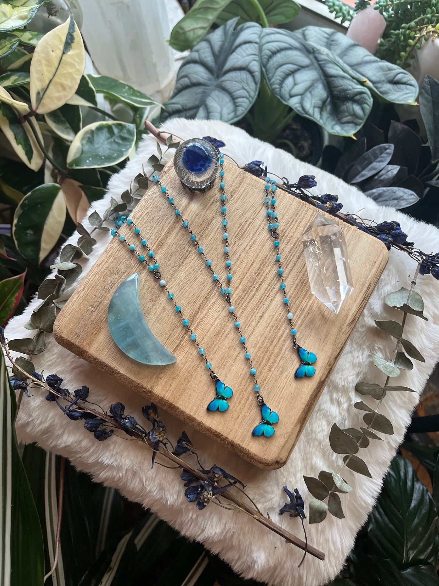 Blue Morpho Butterfly Lariat Necklace, Beaded Gunmetal Chain, Monalisa Gemstone