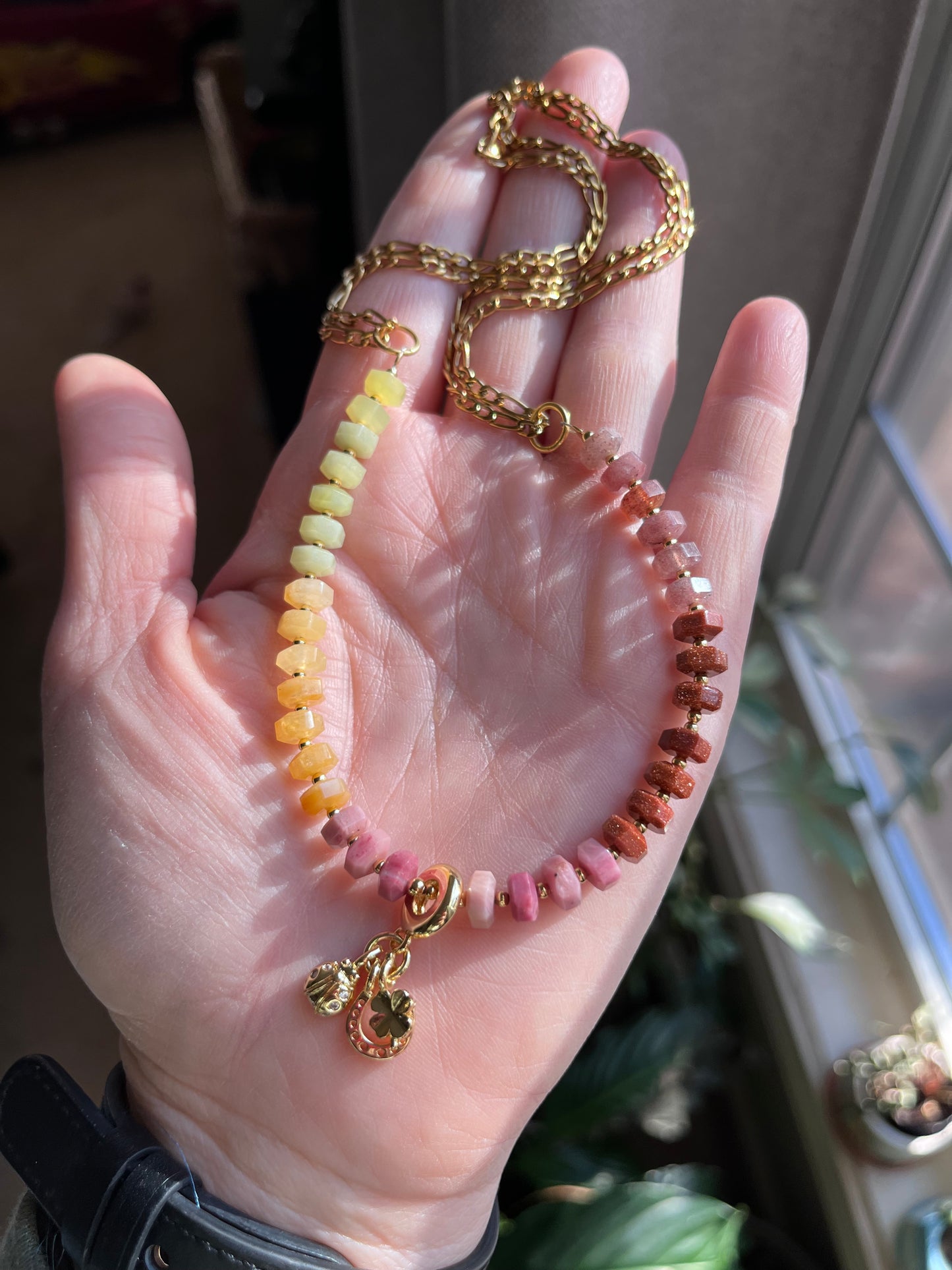 Mixed Gem lucky charm necklace, horseshoe charm, lucky jewelry, rondelle necklace, abundance, creativity, passion, good luck charm jewelry