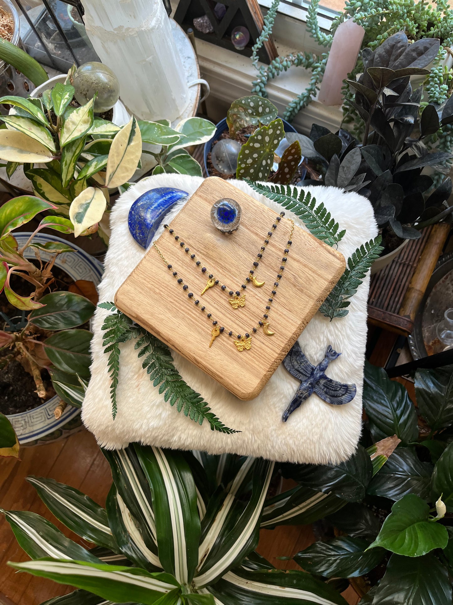 Sapphire & Gold Charm Necklace — Key, Moon & Butterfly