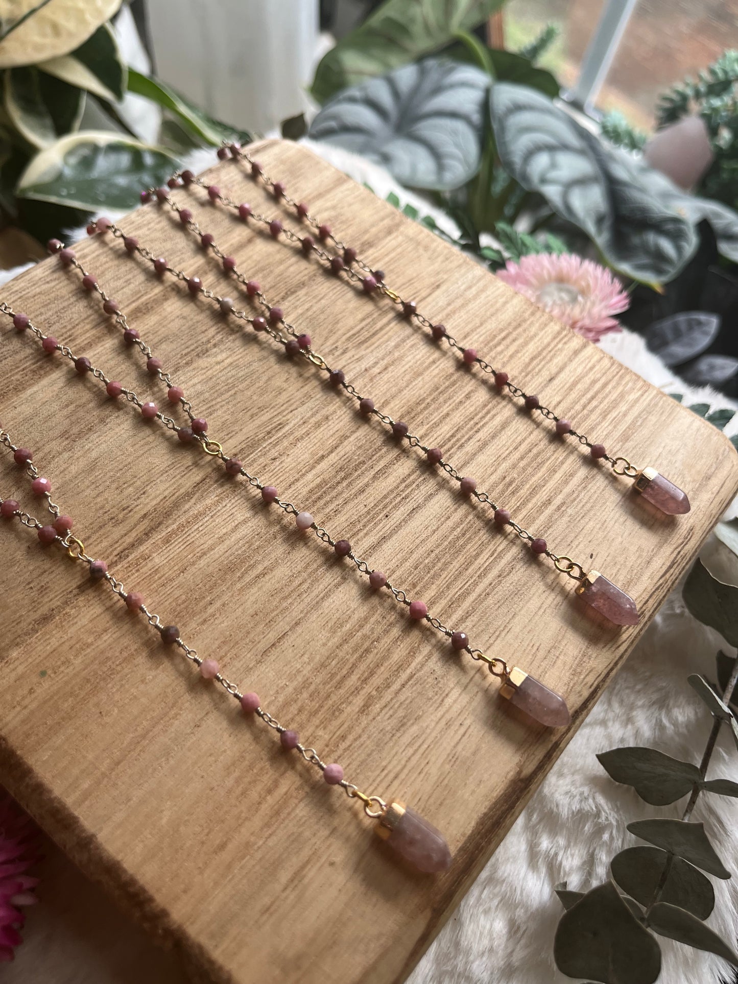 Strawberry Quartz & Rhodonite Y necklace