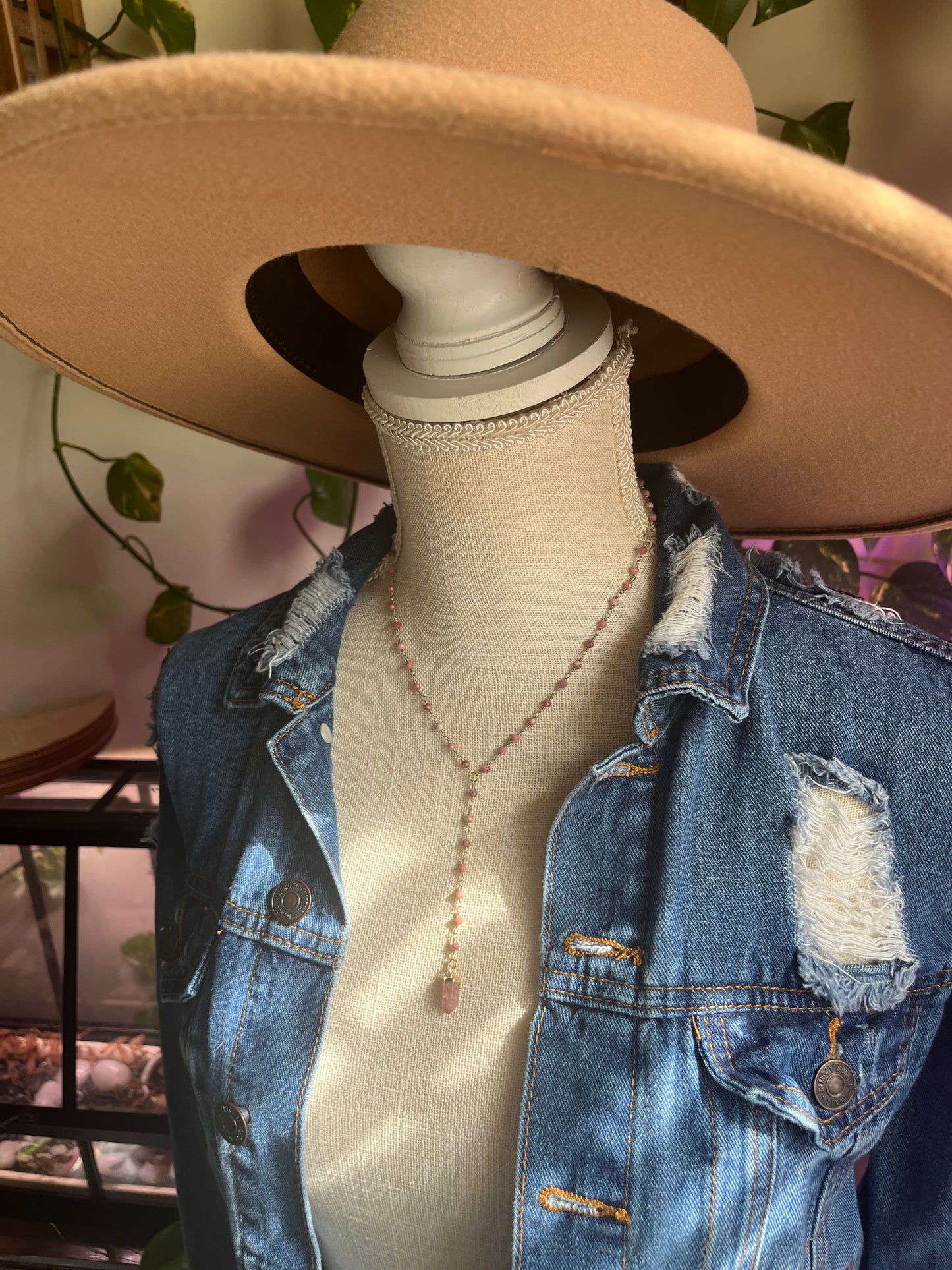 Strawberry Quartz & Rhodonite Y necklace