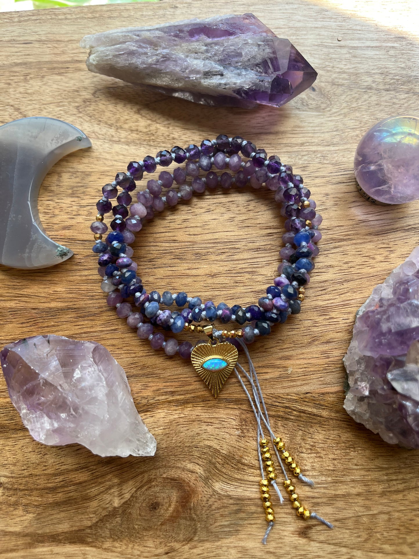 Amethyst, Sugilite, Lepiodlite, mala beads, prayer beads, spirit beads, mala necklace, rondelle mala necklace