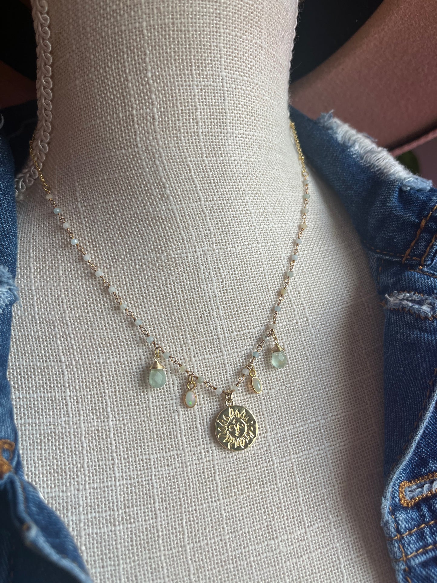 Opal & Aquamarine Sun Charm Necklace in Gold Fill