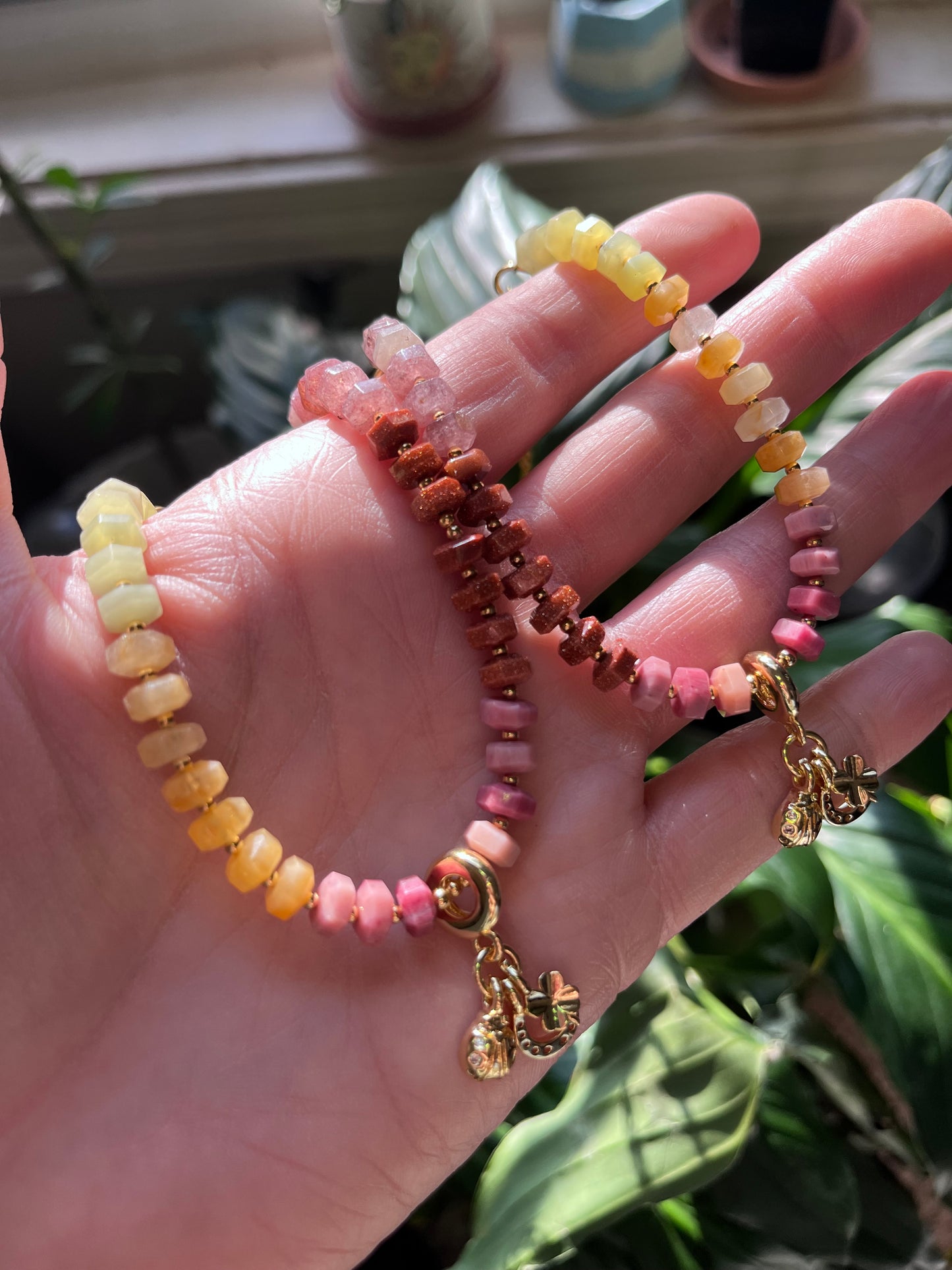 Mixed Gem lucky charm necklace, horseshoe charm, lucky jewelry, rondelle necklace, abundance, creativity, passion, good luck charm jewelry