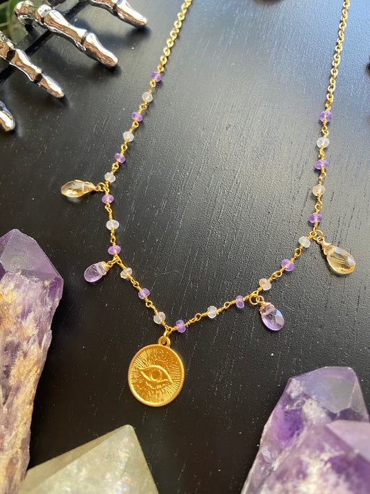 Amethyst & Citrine evil eye necklace