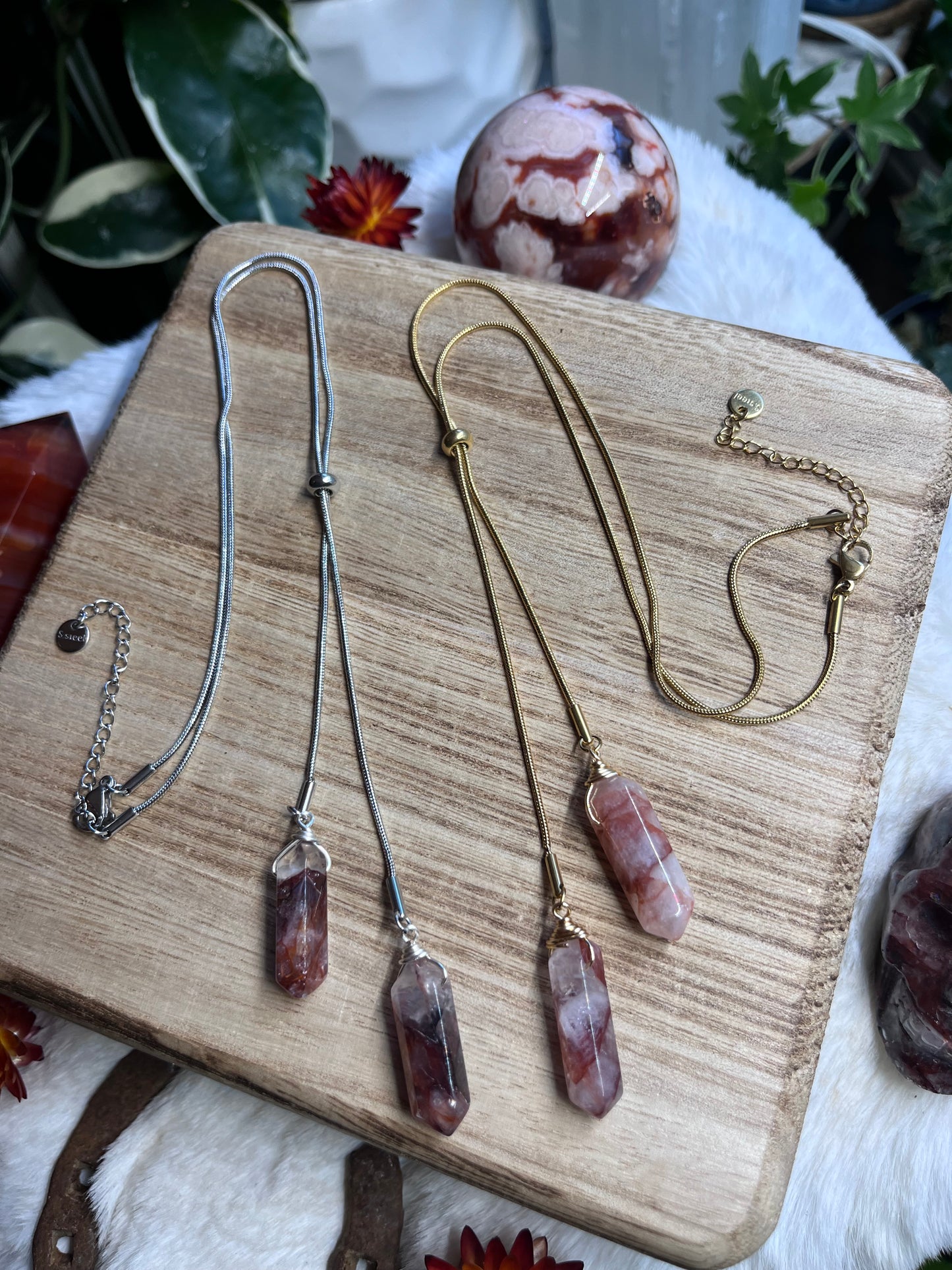 Fire Quartz Point Slider Necklace: Adjustable Minimalist Jewelry