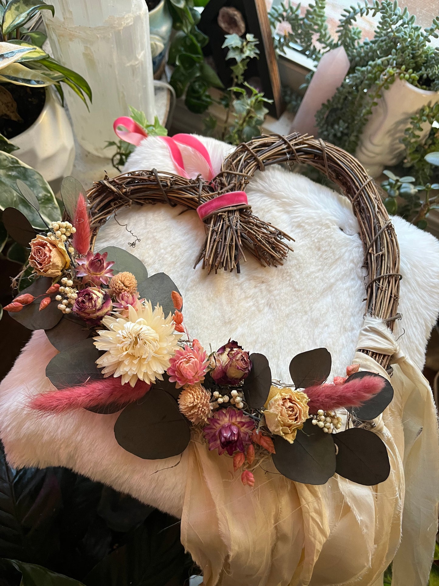 Love Witch Wreath: Aphrodite Altar Wreath with Strawflower, Roses, Eucalyptus and sari ribbon